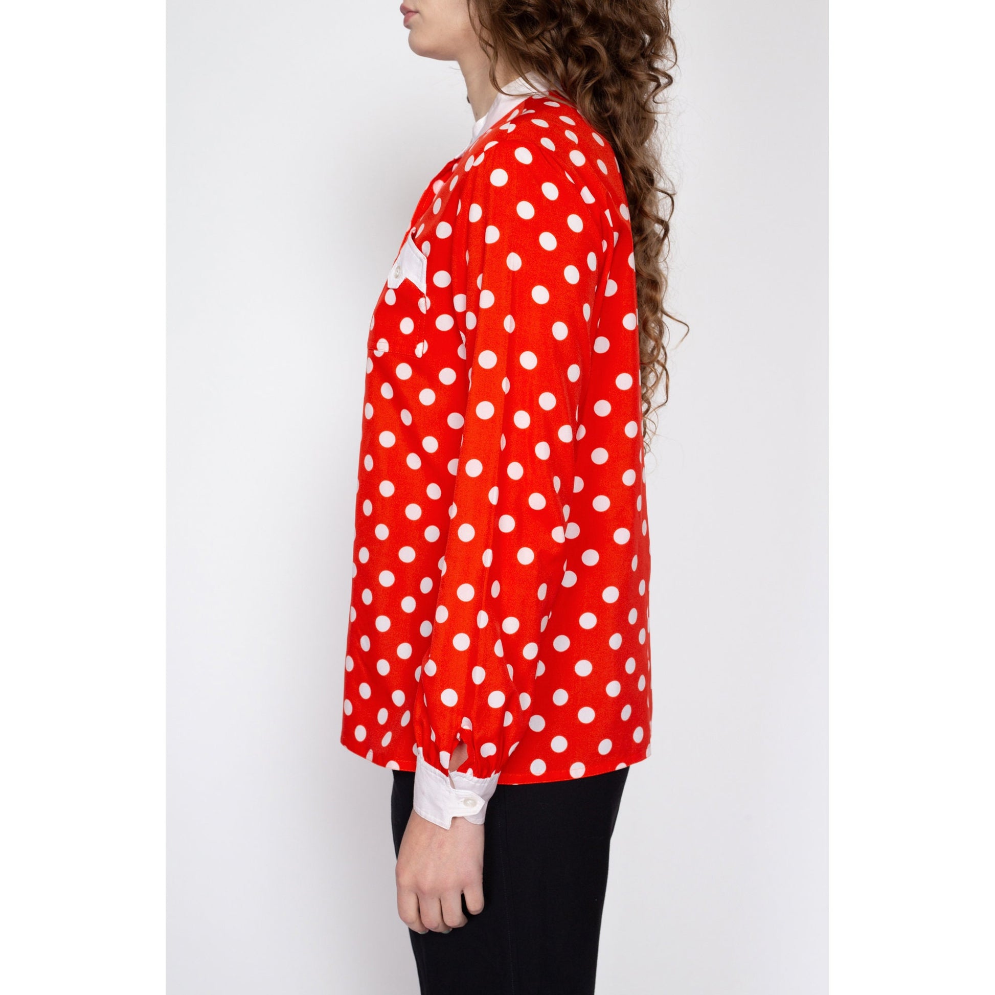 Large 70s Red & White Polka Dot Top | Retro Vintage Button Up Nehru Collar Shirt