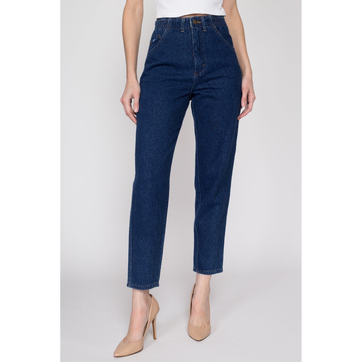 Small Vintage Lee Dark Wash Elastic Waist Mom Jeans | 80s 90s Denim High Waisted Tapered Leg Jeans