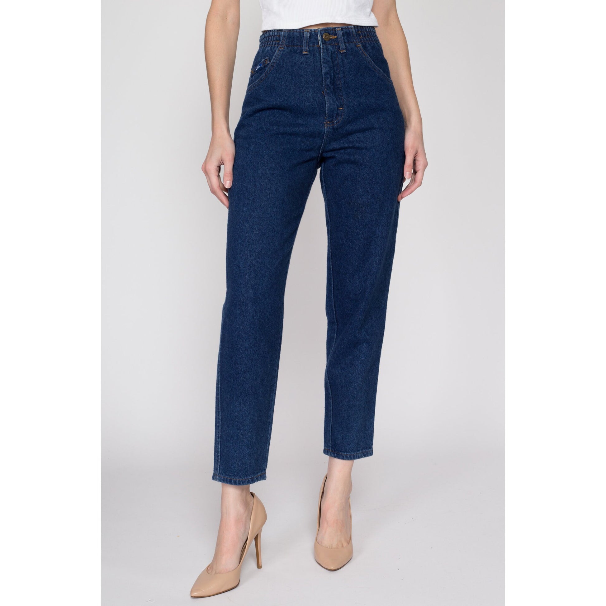 Small Vintage Lee Dark Wash Elastic Waist Mom Jeans | 80s 90s Denim High Waisted Tapered Leg Jeans