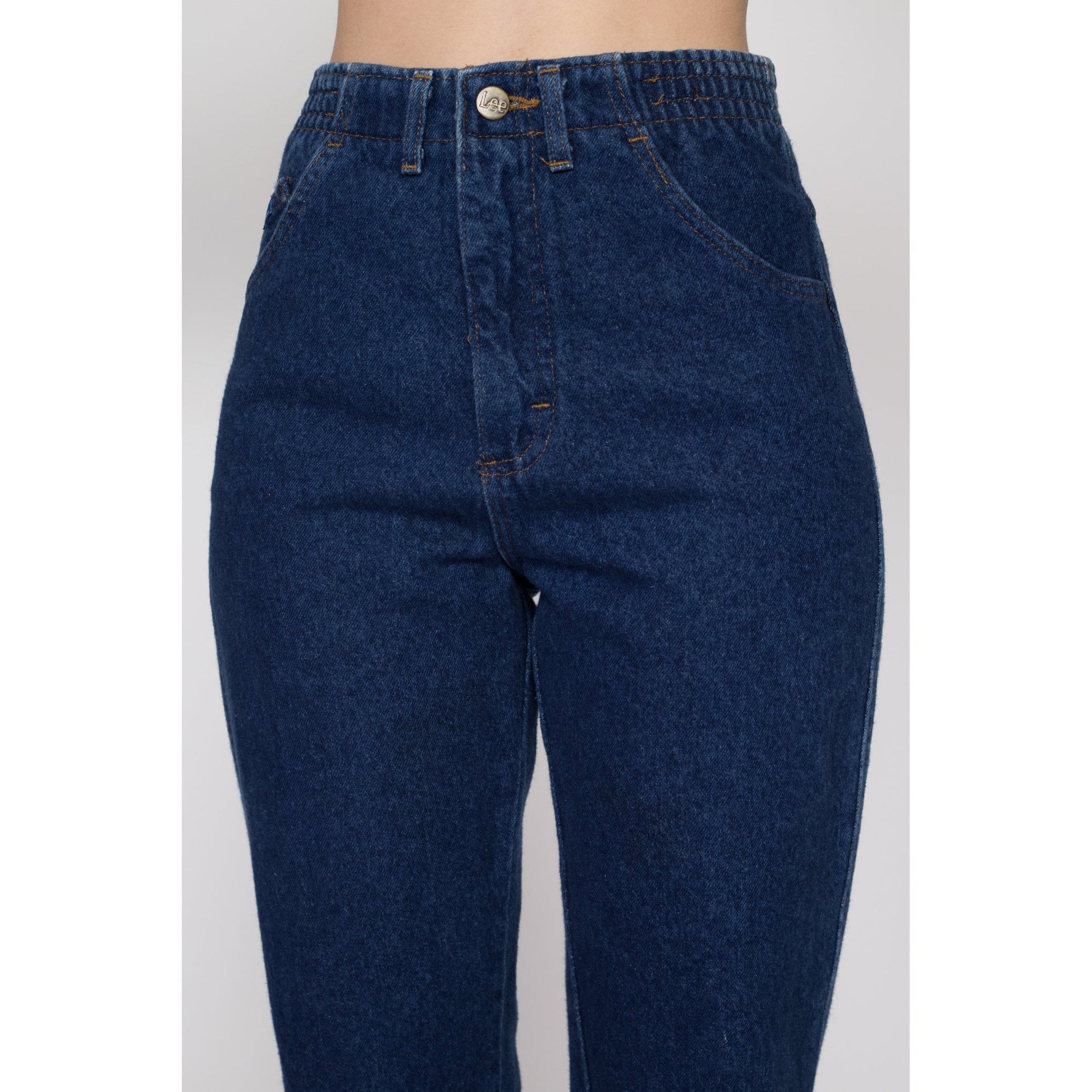 Small Vintage Lee Dark Wash Elastic Waist Mom Jeans | 80s 90s Denim High Waisted Tapered Leg Jeans
