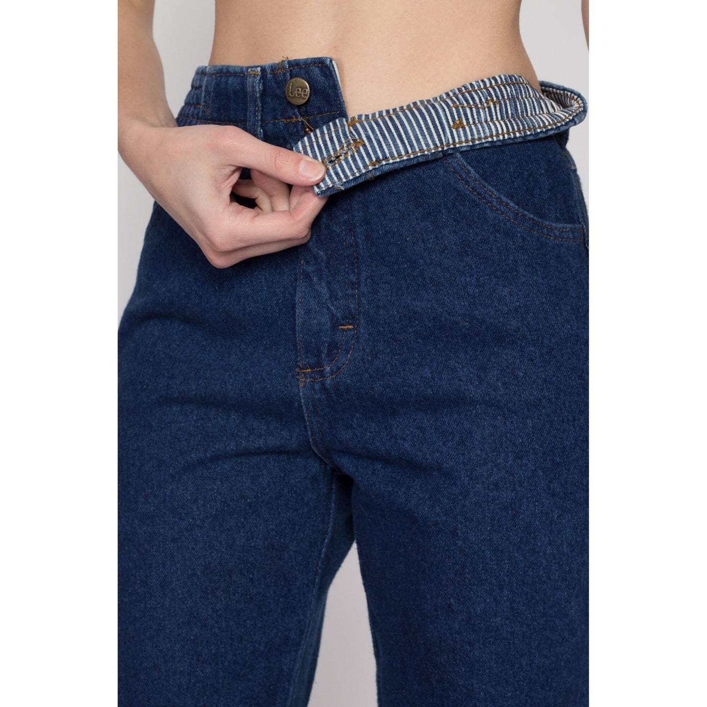 Small Vintage Lee Dark Wash Elastic Waist Mom Jeans | 80s 90s Denim High Waisted Tapered Leg Jeans