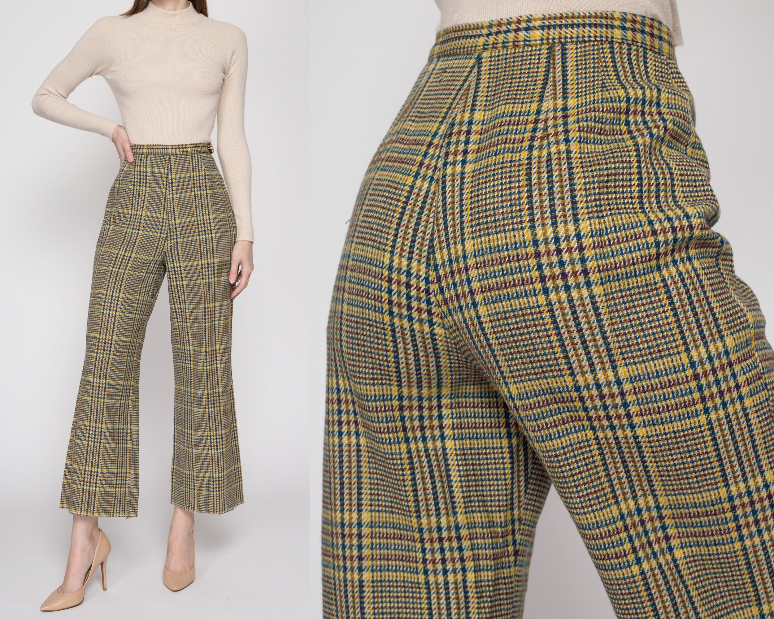 Small 70s Yellow Blue Plaid High Waisted Pants 26 Flying Apple Vintage