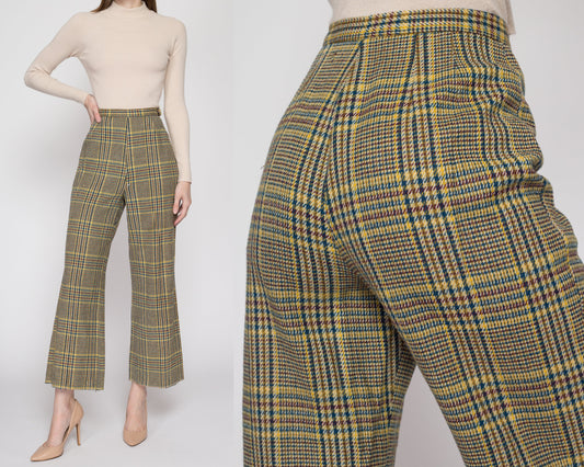 Small 70s Yellow & Blue Plaid High Waisted Pants 26" | Vintage Flared Leg Retro Side Zip Trousers