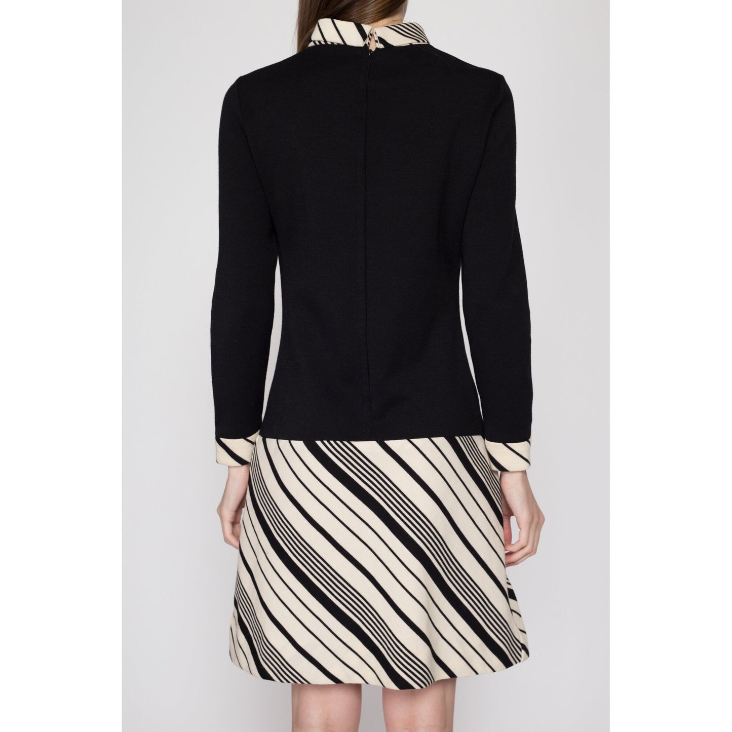 Small 60s Mod Black & White Striped Mini Dress | Vintage Long Sleeve Drop Waist Retro Wool Dress