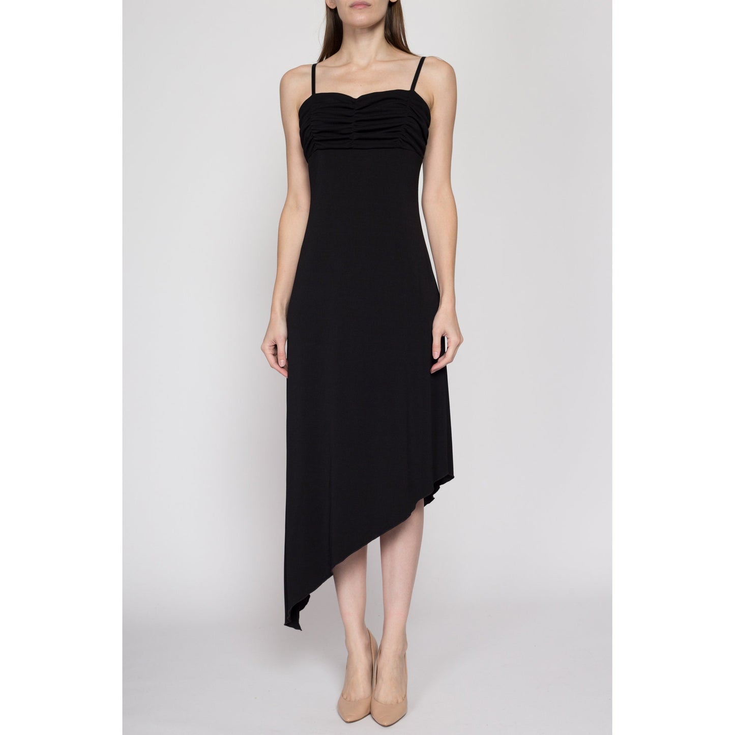 Medium 90s Black Asymmetrical Midi Party Dress | Vintage Spaghetti Strap Ruched Bodice High Low Hem Dress