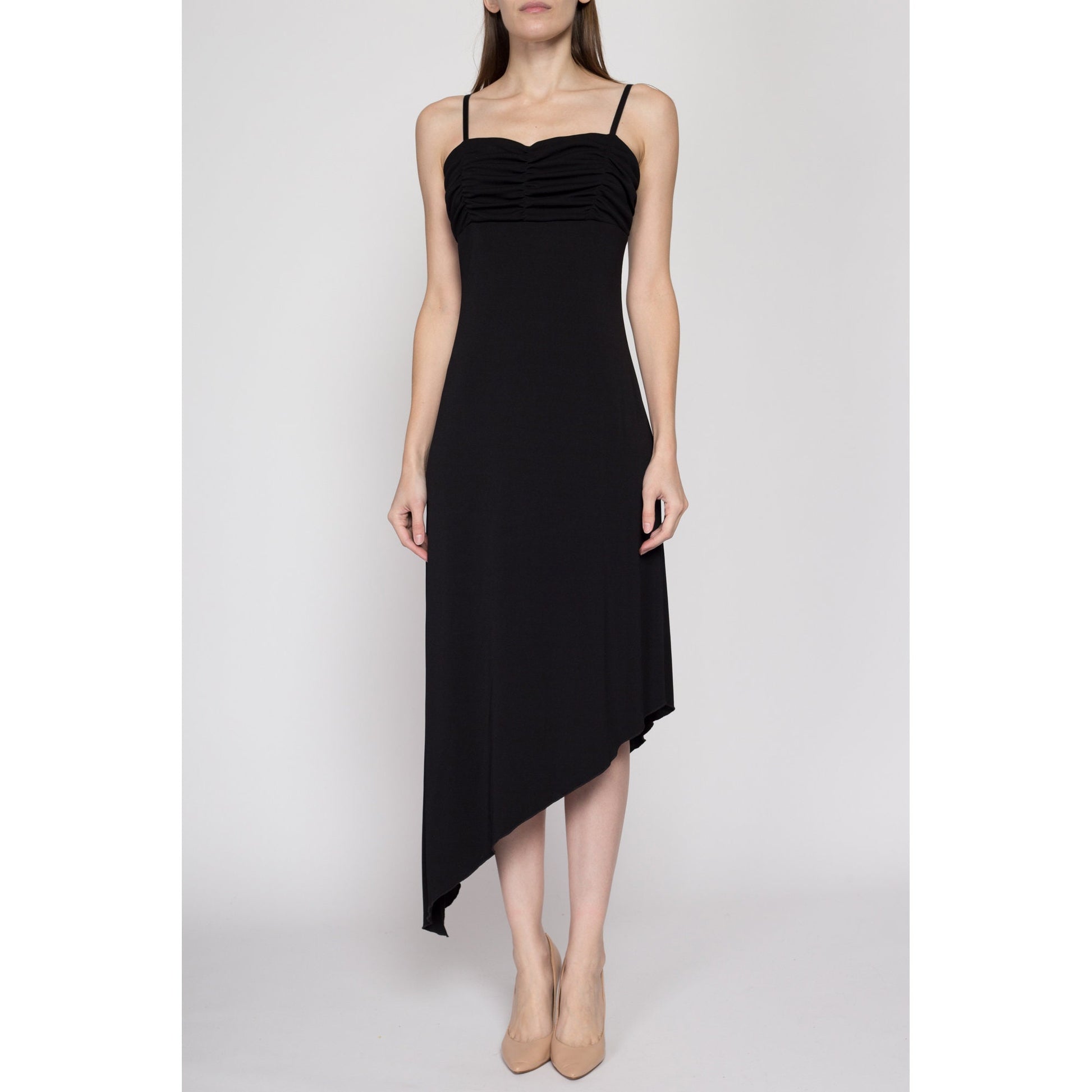 Medium 90s Black Asymmetrical Midi Party Dress | Vintage Spaghetti Strap Ruched Bodice High Low Hem Dress
