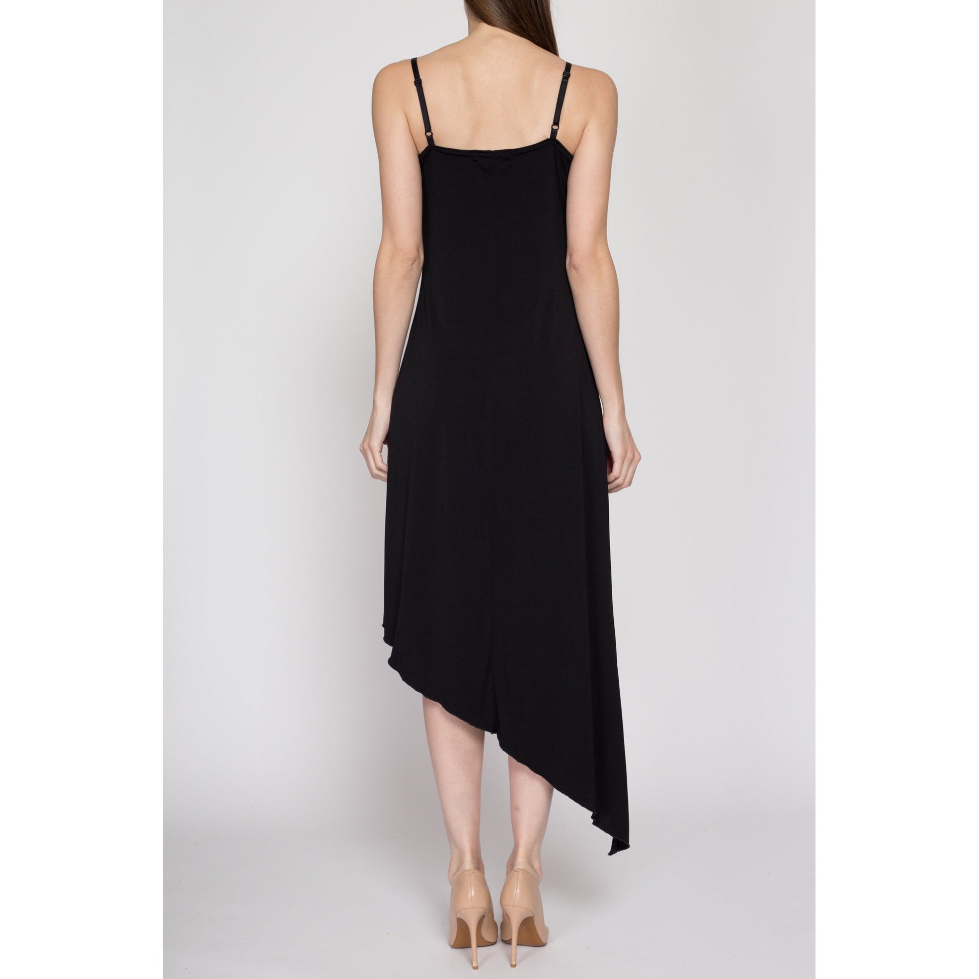 Medium 90s Black Asymmetrical Midi Party Dress | Vintage Spaghetti Strap Ruched Bodice High Low Hem Dress