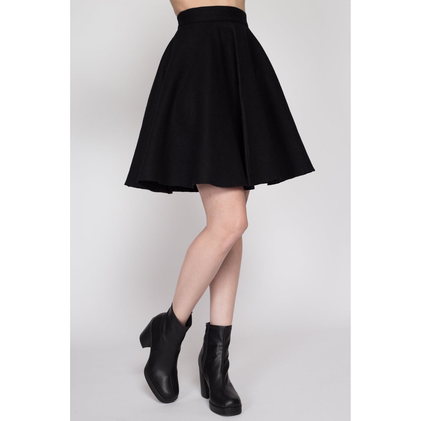 XS 60s Black Felt Mini Circle Skirt | Vintage 1960s High Waisted Retro Gothic Miniskirt