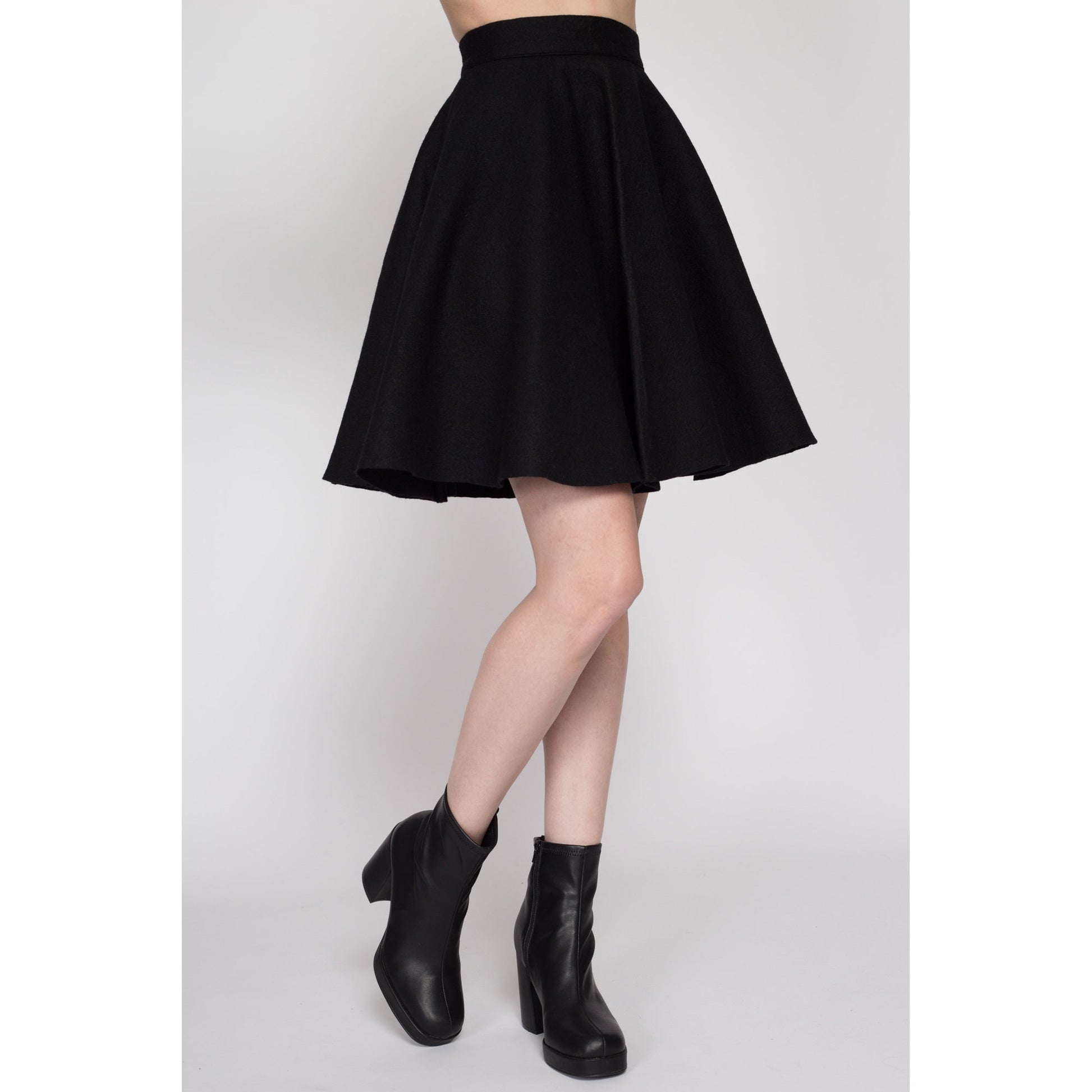 XS 60s Black Felt Mini Circle Skirt | Vintage 1960s High Waisted Retro Gothic Miniskirt