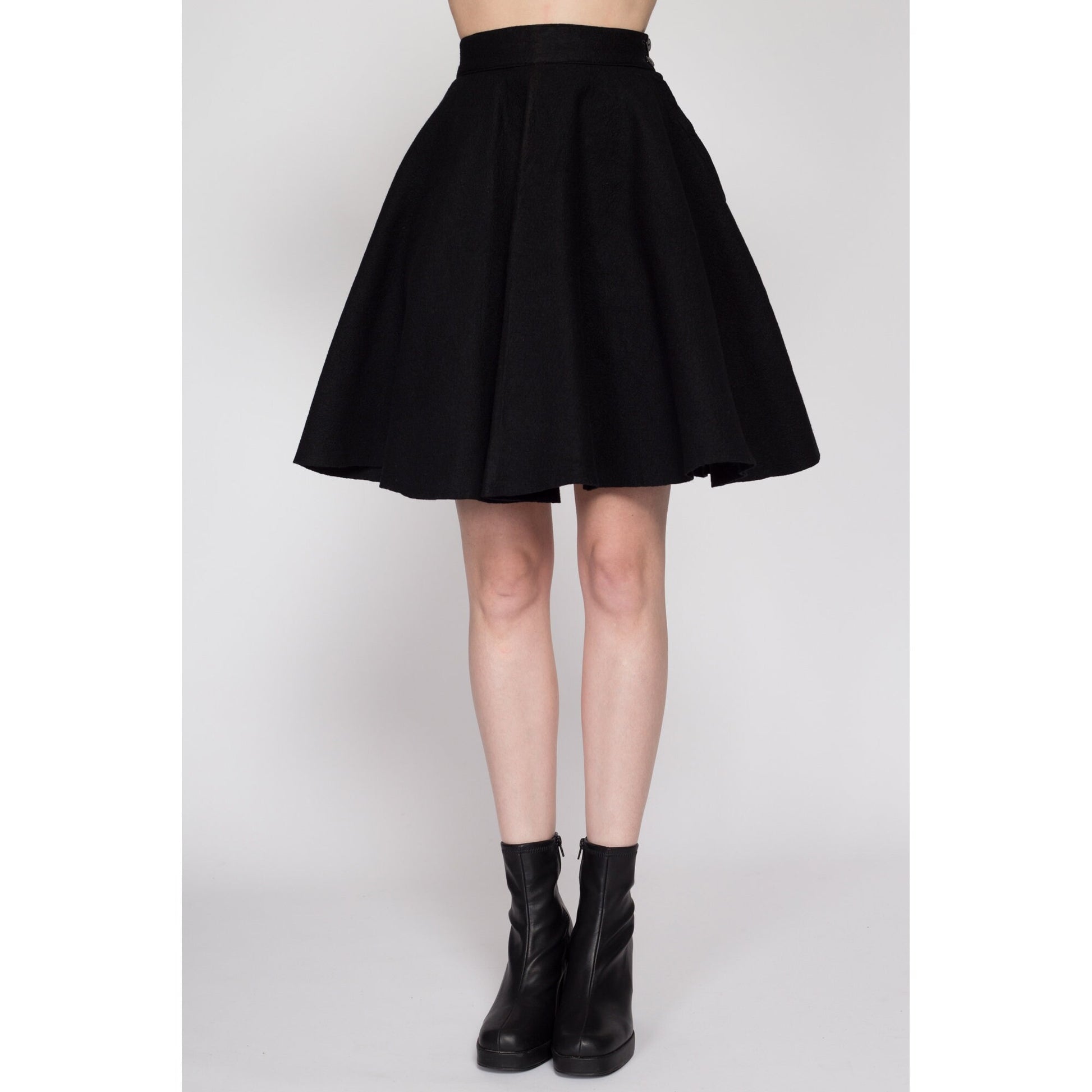 XS 60s Black Felt Mini Circle Skirt | Vintage 1960s High Waisted Retro Gothic Miniskirt