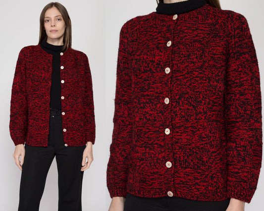 Medium 60s Saks Fifth Avenue Red & Black Marled Wool Cardigan | Vintage Made In Italy Knit Button Up Sweater