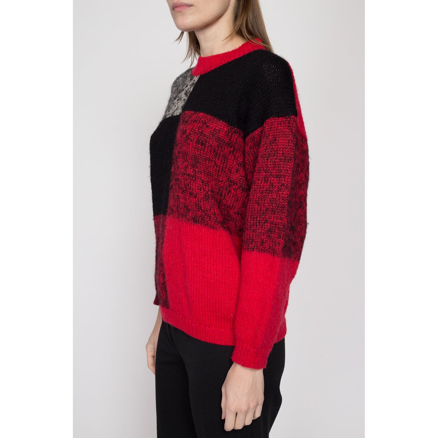 Small 80s Red & Black Color Block Sweater | Vintage Wool Blend Knit Pullover