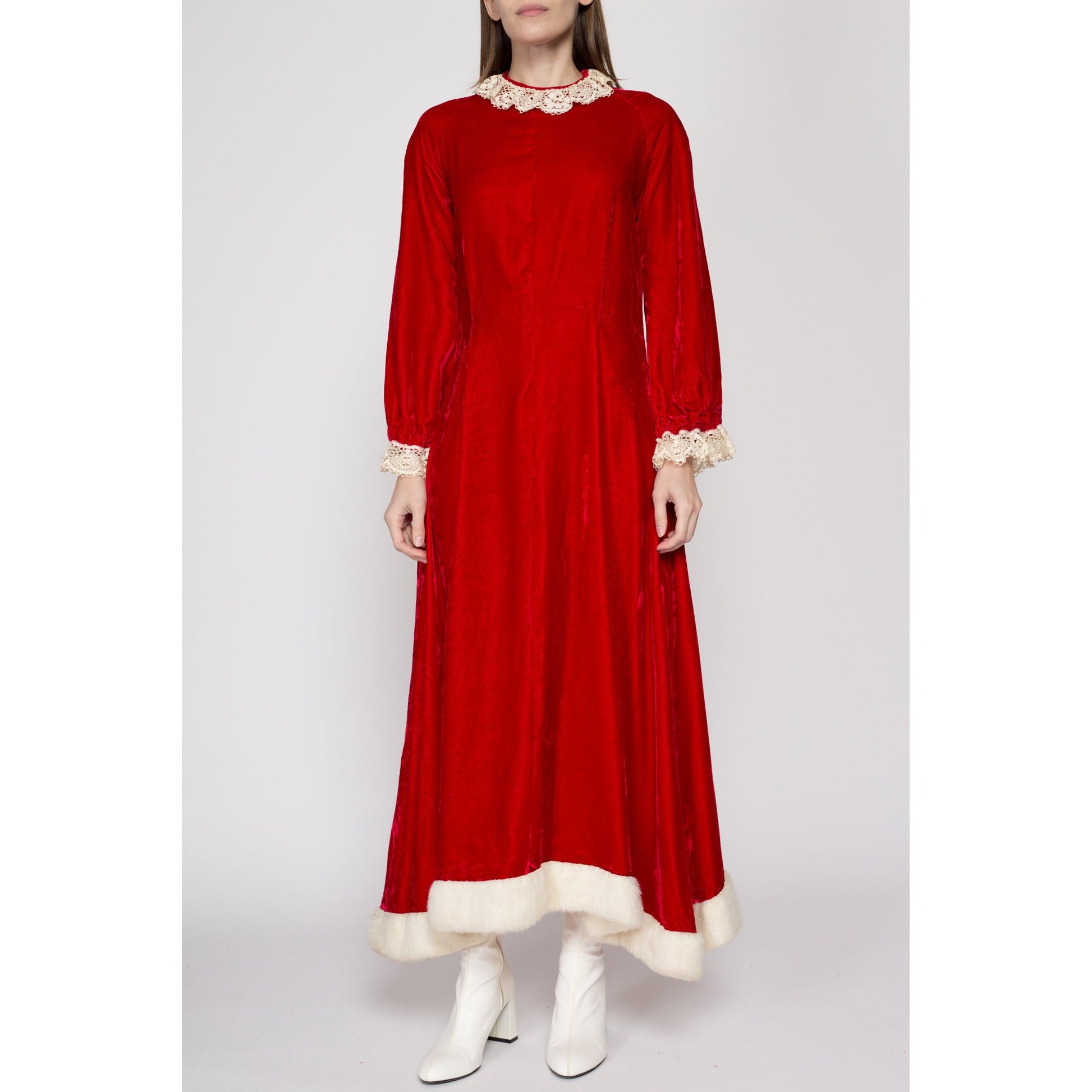 Large 70s Mrs. Claus Christmas Party Dress | Vintage Santa Costume Red Velvet White Faux Fur Trim Maxi Holiday Hostess Dress