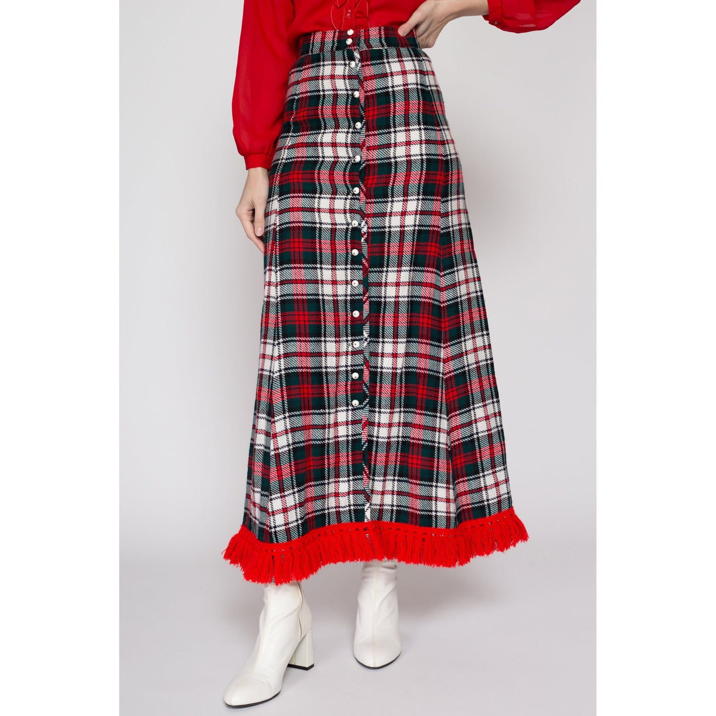 XS 70s Red Plaid Holiday Maxi Skirt 24.5" | Vintage High Waisted Fringe Trim A Line Christmas Hostess Skirt