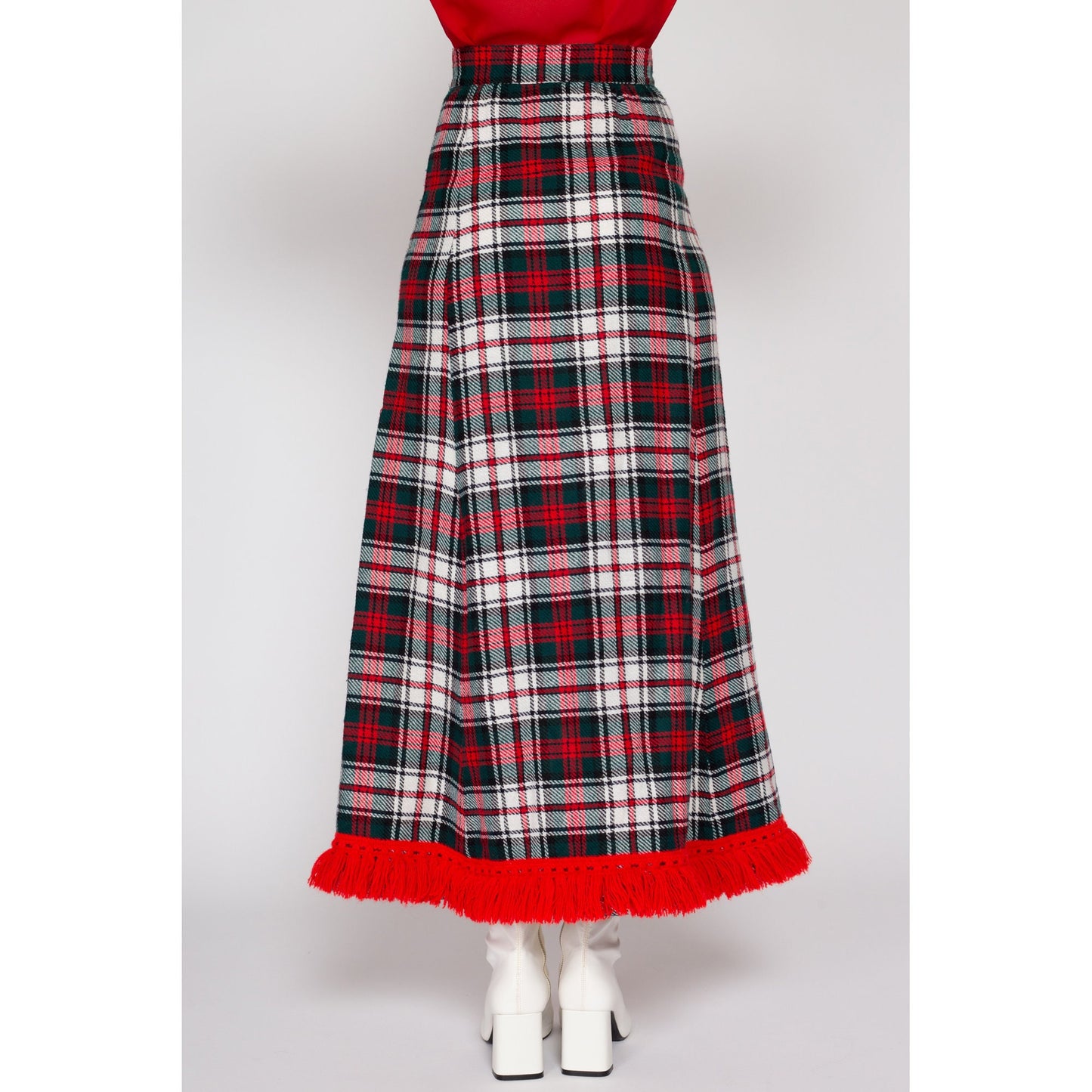 XS 70s Red Plaid Holiday Maxi Skirt 24.5" | Vintage High Waisted Fringe Trim A Line Christmas Hostess Skirt