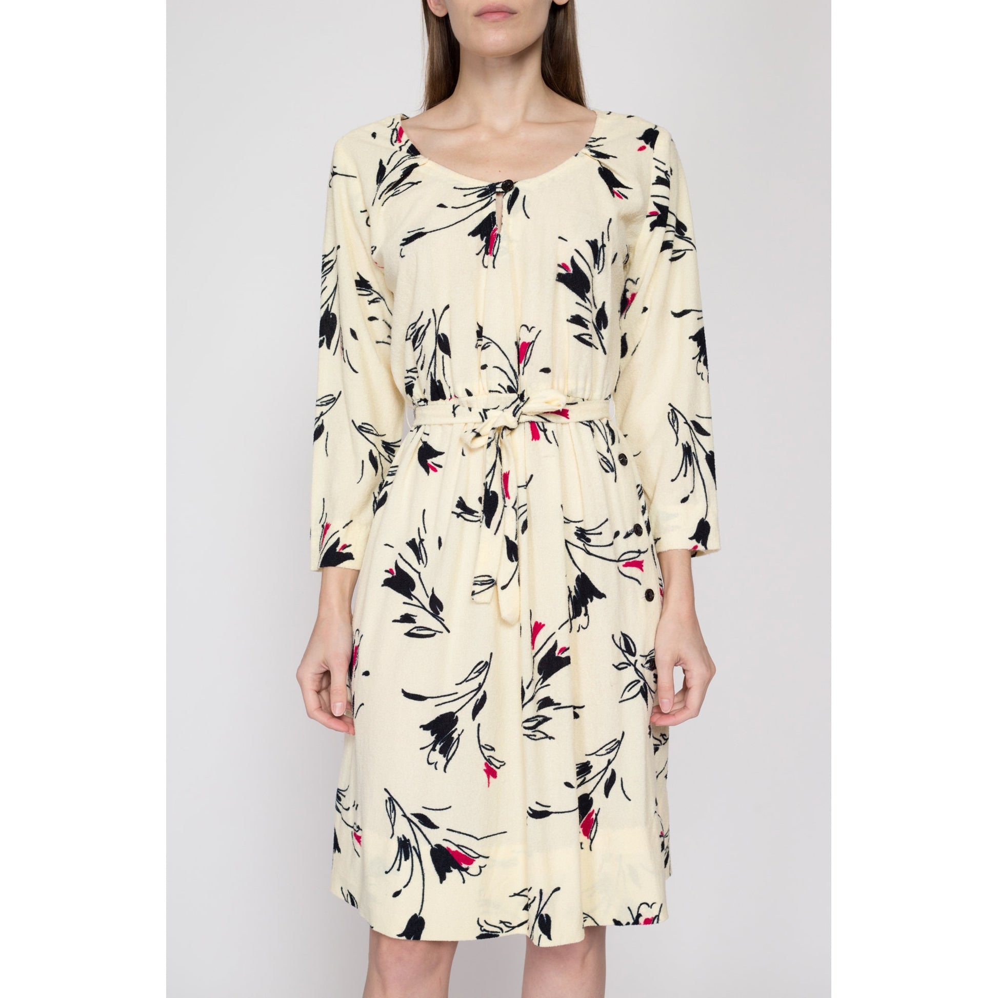 Medium 70s Floral Terrycloth Belted Dress | Retro Vintage Long Sleeve Secretary Dress