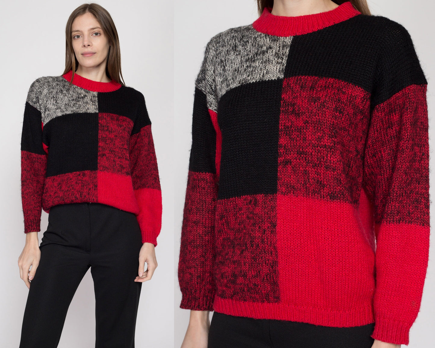 Small 80s Red & Black Color Block Sweater | Vintage Wool Blend Knit Pullover