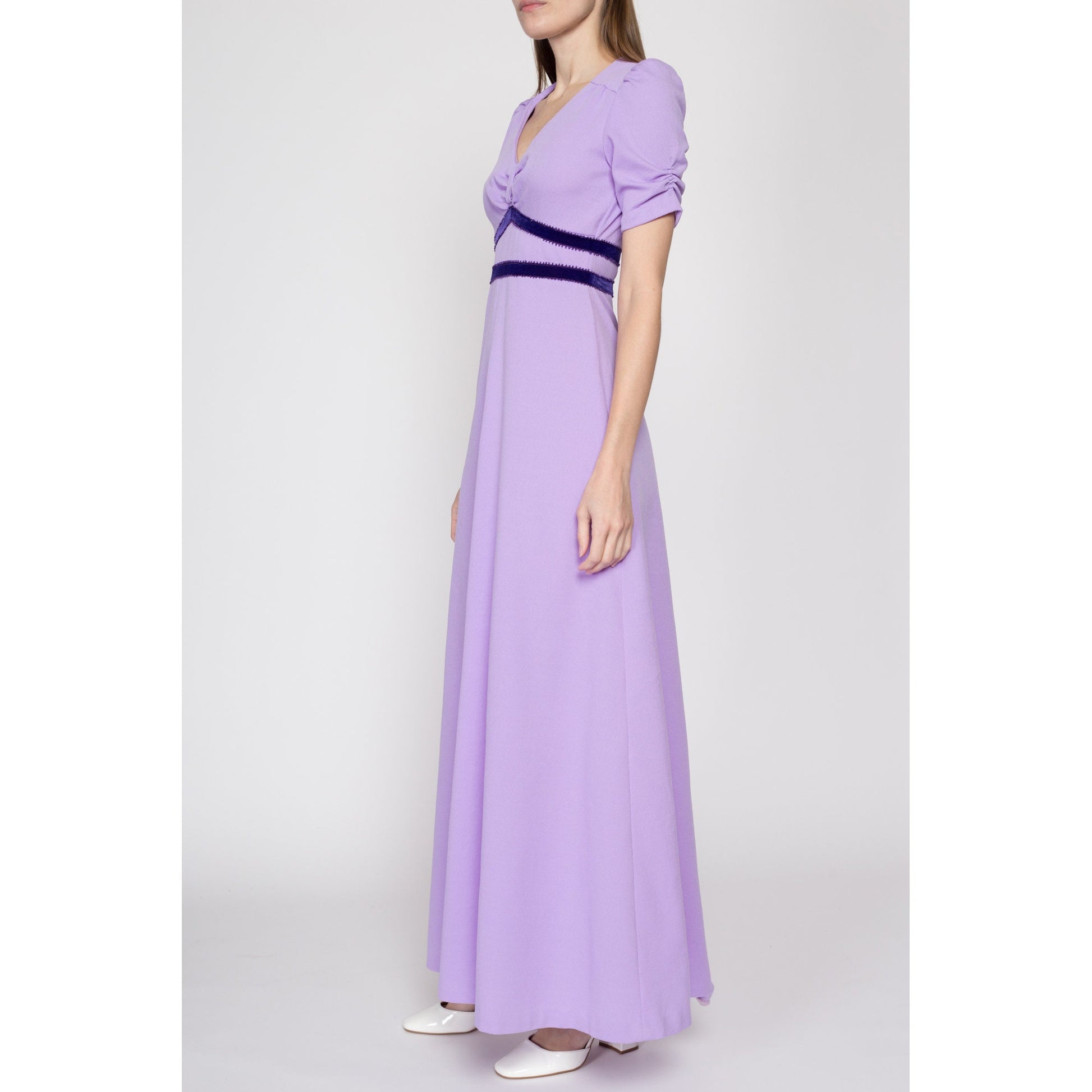 XS 60s Lilac Purple Puff Sleeve Maxi Dress | Vintage Boho Girly Empire Waist Prairie Prom Gown