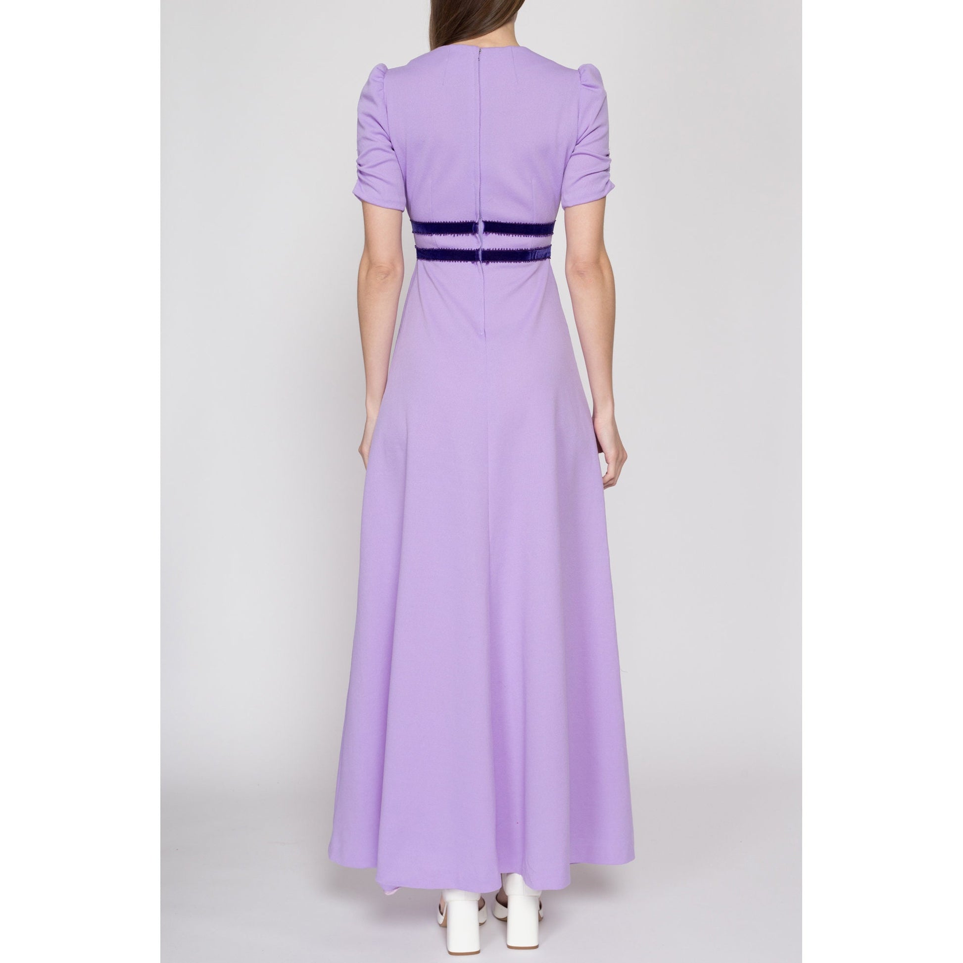 XS 60s Lilac Purple Puff Sleeve Maxi Dress | Vintage Boho Girly Empire Waist Prairie Prom Gown