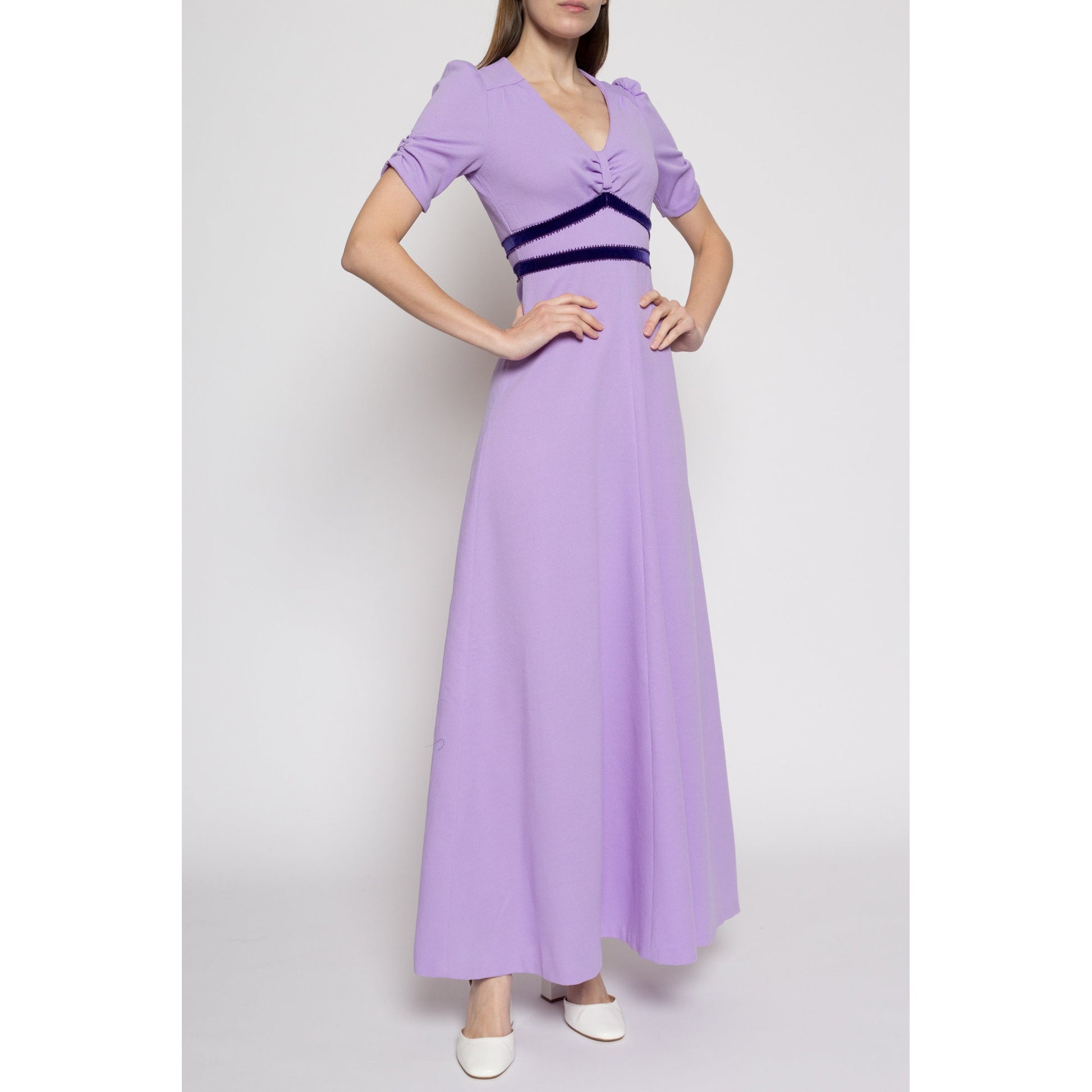 XS 60s Lilac Purple Puff Sleeve Maxi Dress | Vintage Boho Girly Empire Waist Prairie Prom Gown