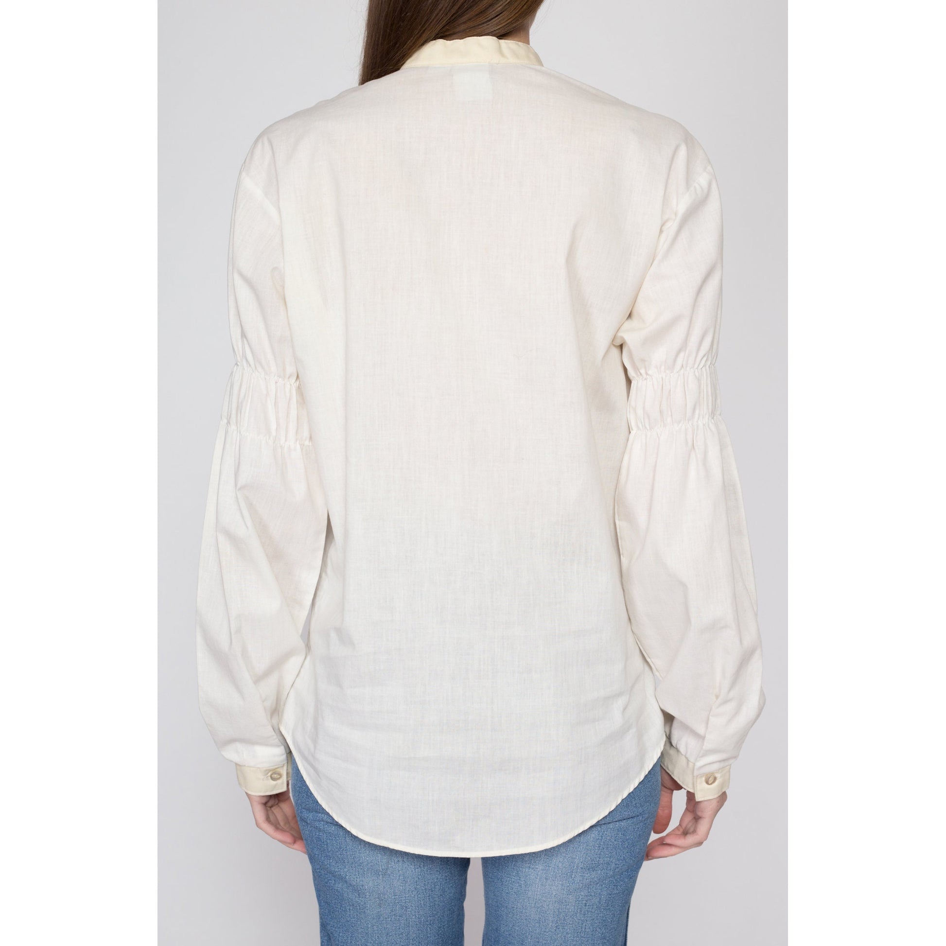 Med-Lrg 70s Does Victorian White Bishop Sleeve Shirt Unisex | Kennington Boho Vintage Lace Trim Pirate Renaissance Blouse