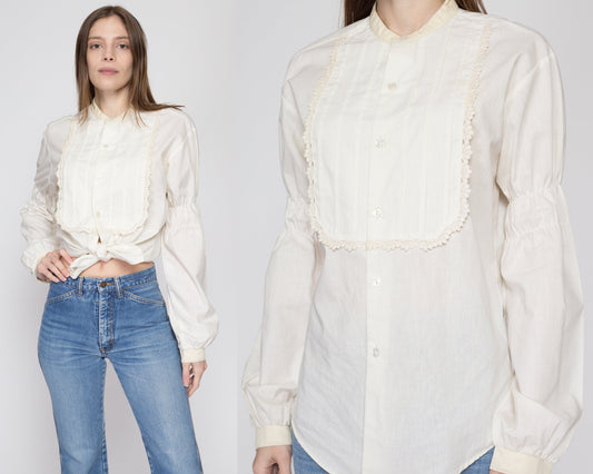 Med-Lrg 70s Does Victorian White Bishop Sleeve Shirt Unisex | Kennington Boho Vintage Lace Trim Pirate Renaissance Blouse