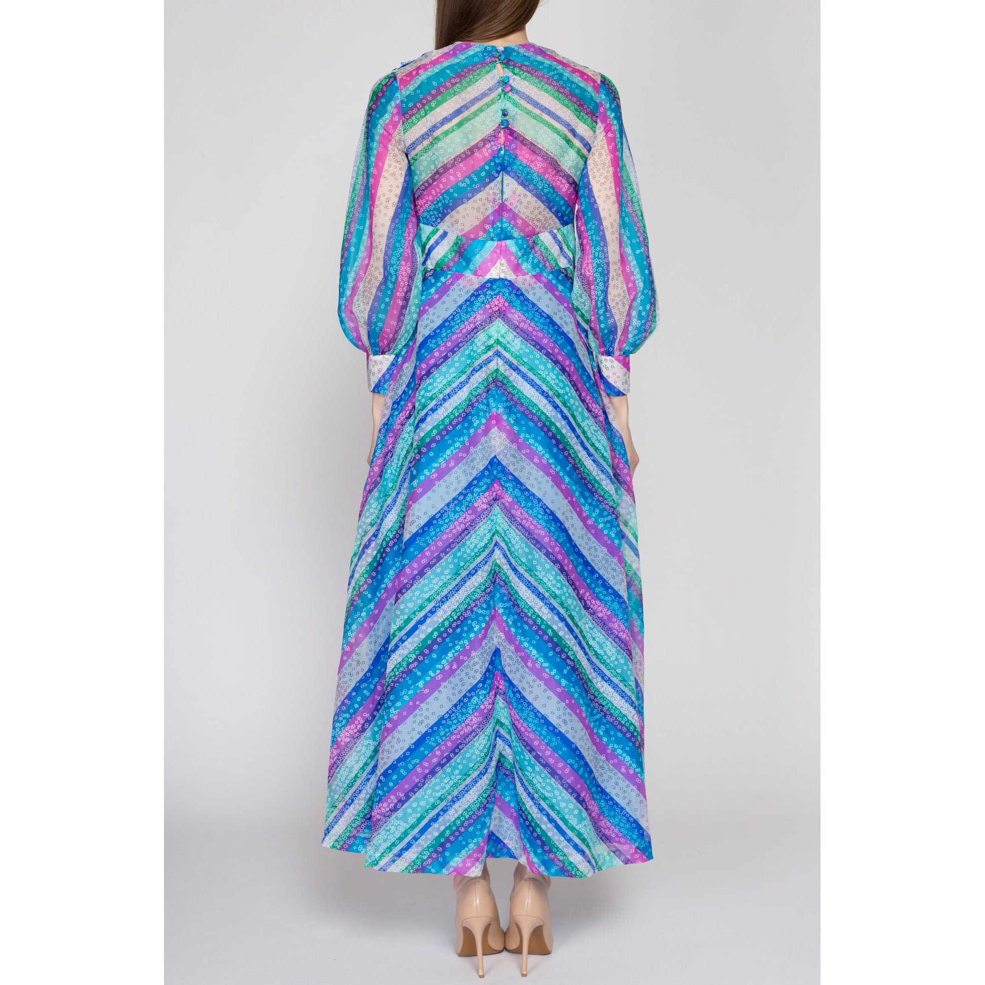 Small 60s 70s Psychedelic Striped Maxi Dress Petite | Vintage Sheer Sleeve A Line Hippie Gown