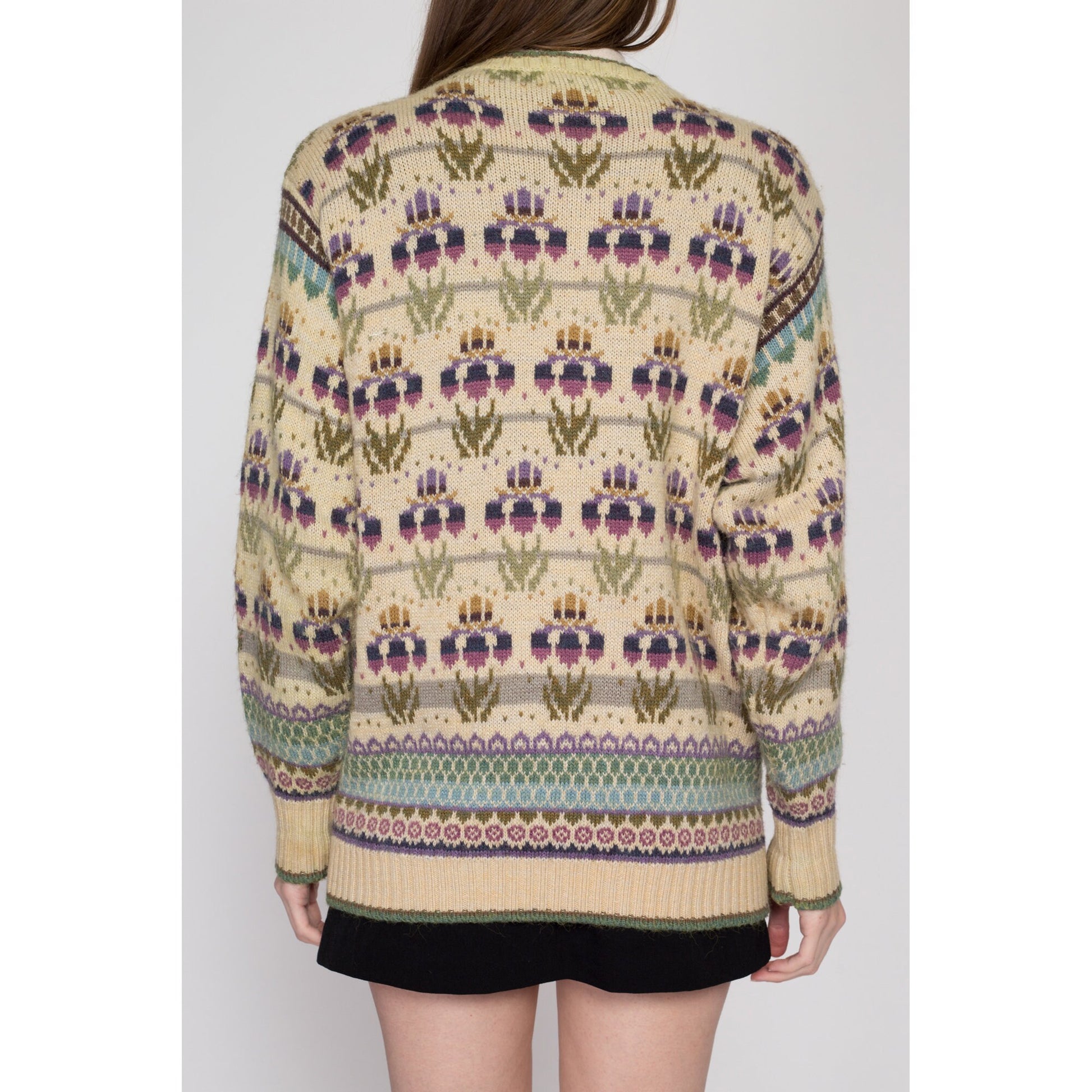 Medium 80s Orchid Floral Slouchy Knit Sweater | Vintage Button Up Fair Isle Cardigan