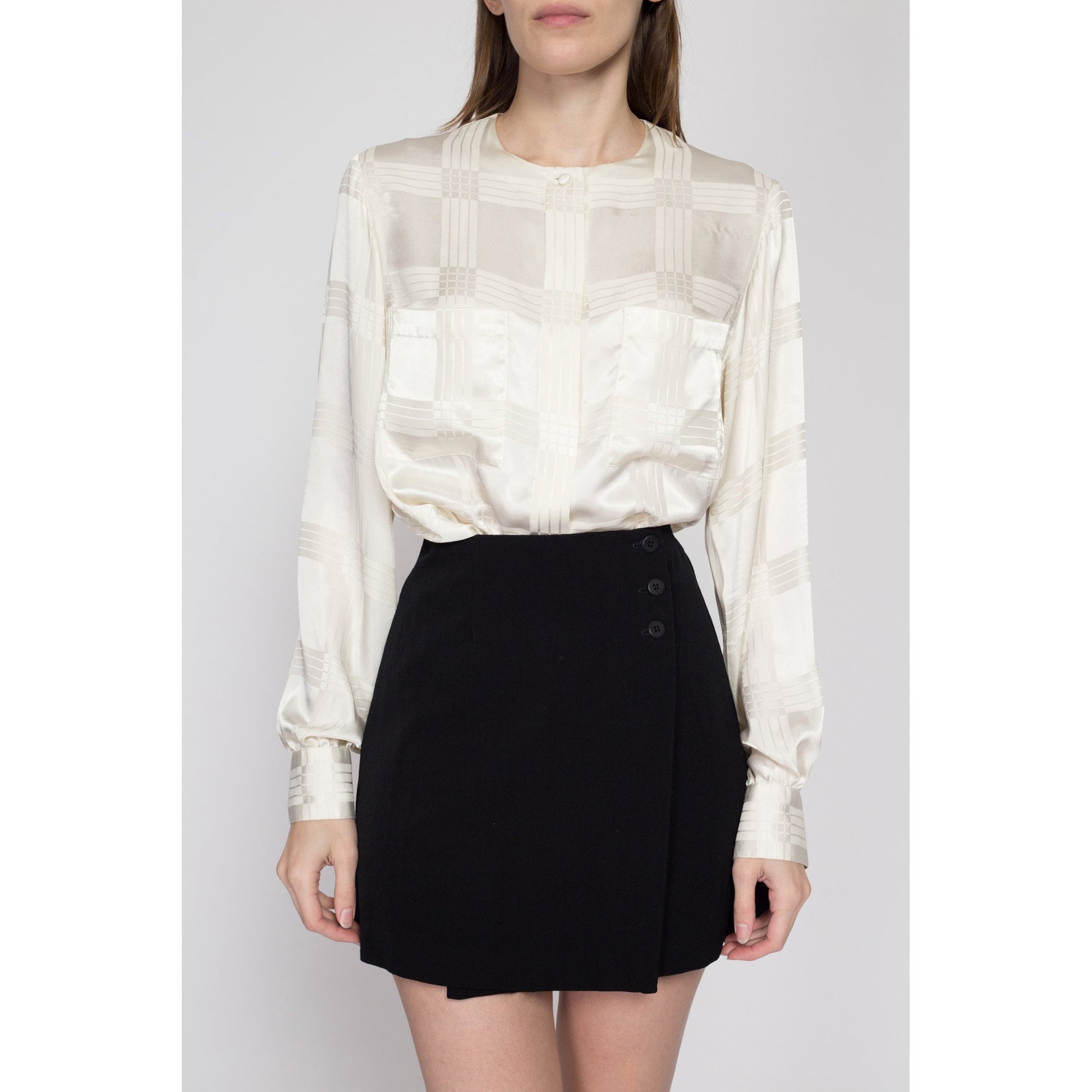Medium 80s White Satin Bishop Sleeve Blouse | Vintage Button Up Long Sleeve Pocket Top