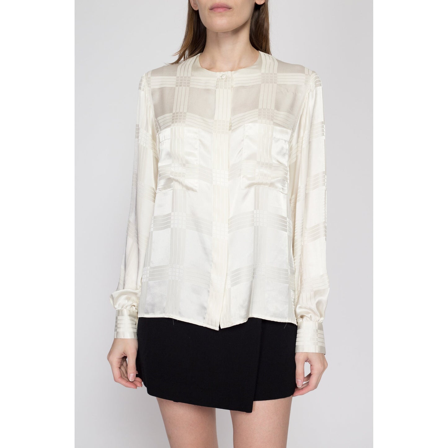 Medium 80s White Satin Bishop Sleeve Blouse | Vintage Button Up Long Sleeve Pocket Top