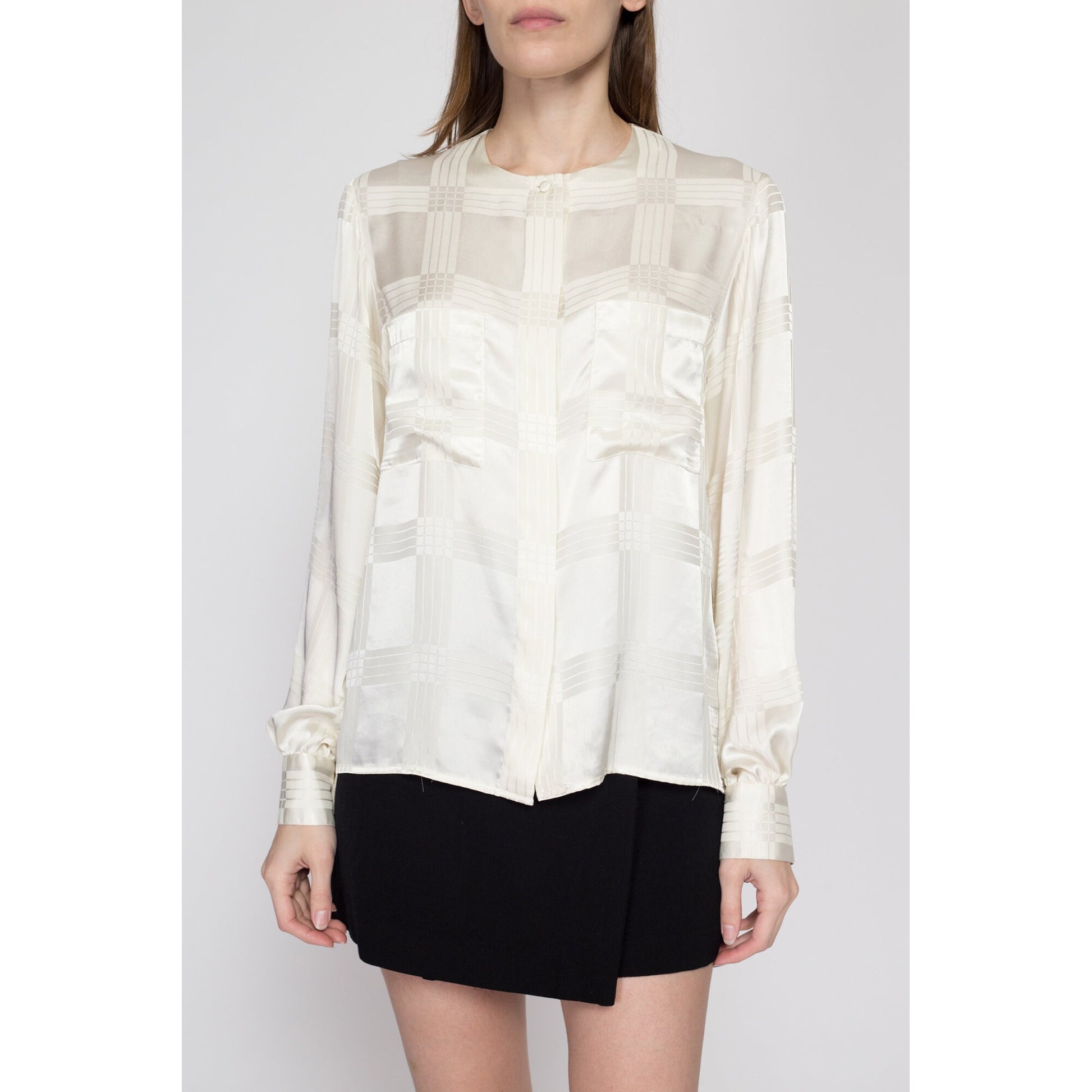 Medium 80s White Satin Bishop Sleeve Blouse | Vintage Button Up Long Sleeve Pocket Top