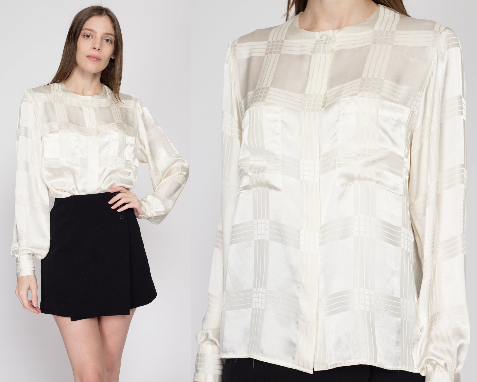 Medium 80s White Satin Bishop Sleeve Blouse | Vintage Button Up Long Sleeve Pocket Top