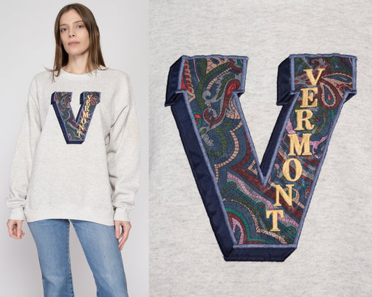 Lrg-XL 90s University Of Vermont Crewneck Sweatshirt Unisex | Vintage Heather Grey Collegiate Embroidered Graphic Pullover