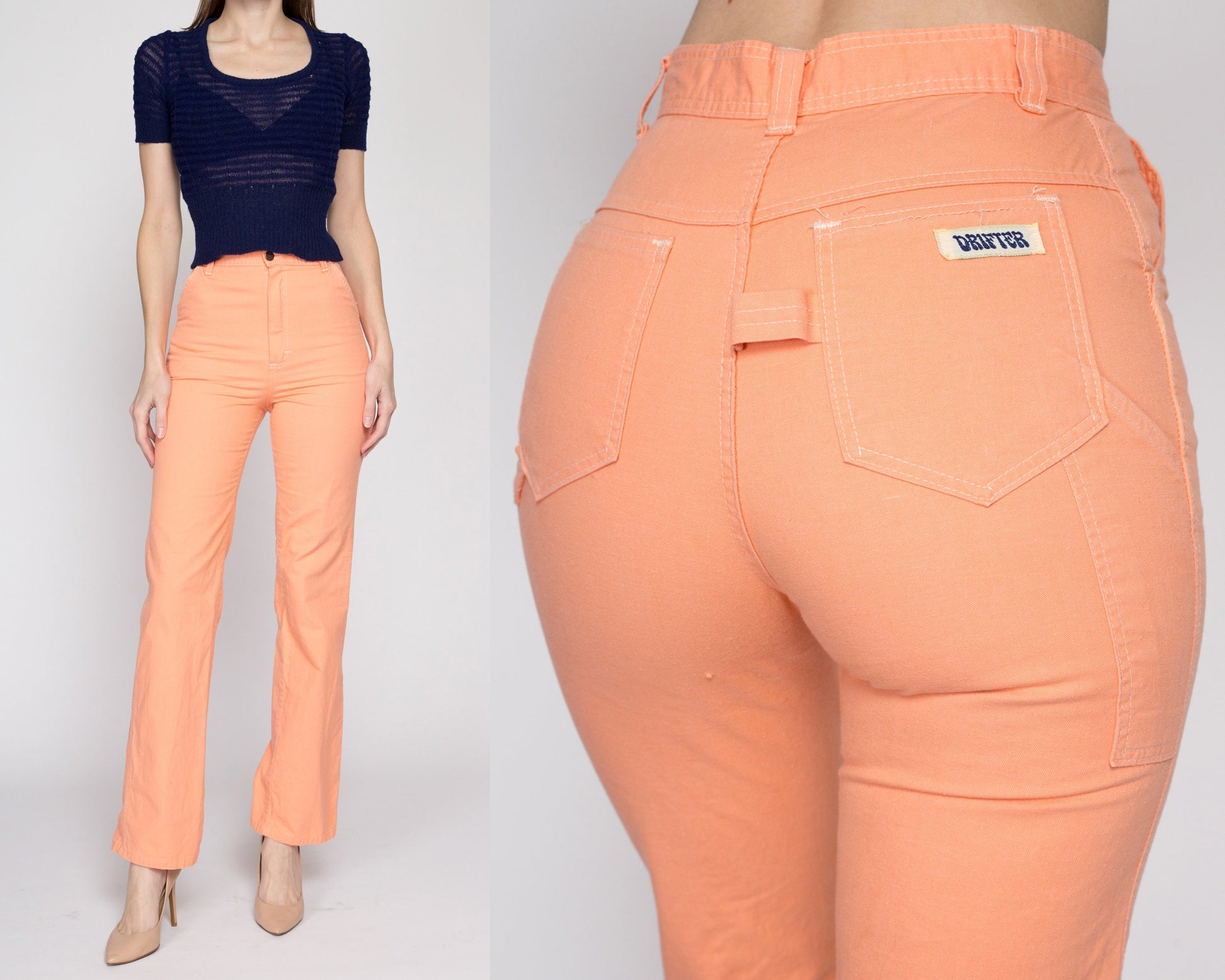 XS 70s Orange Sherbet Carpenter Pants 24" | Vintage High Waisted Straight Leg Retro Trousers