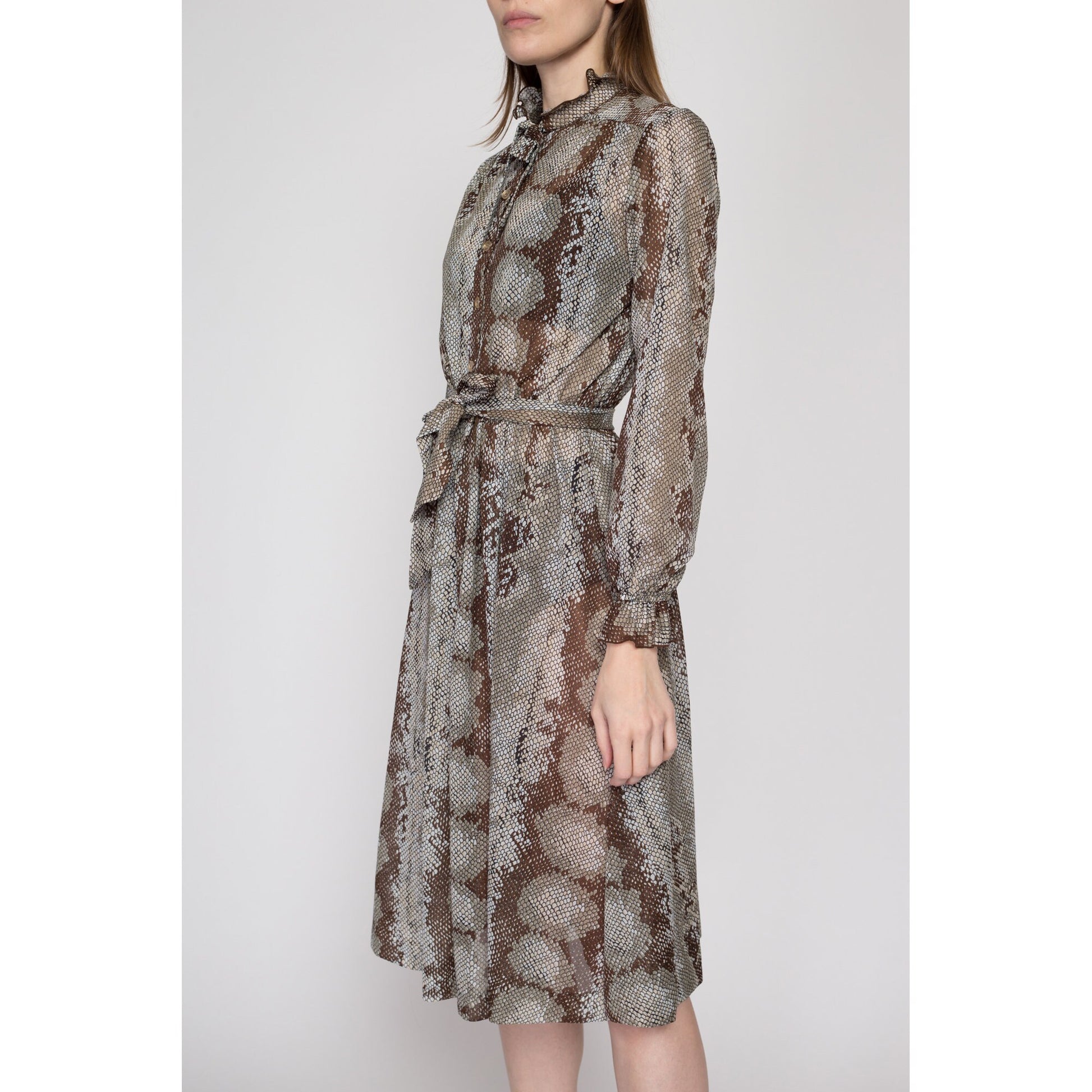 Small 70s Snakeskin Print Sheer Shirtdress | Vintage Long Bishop Sleeve Midi Secretary Dress