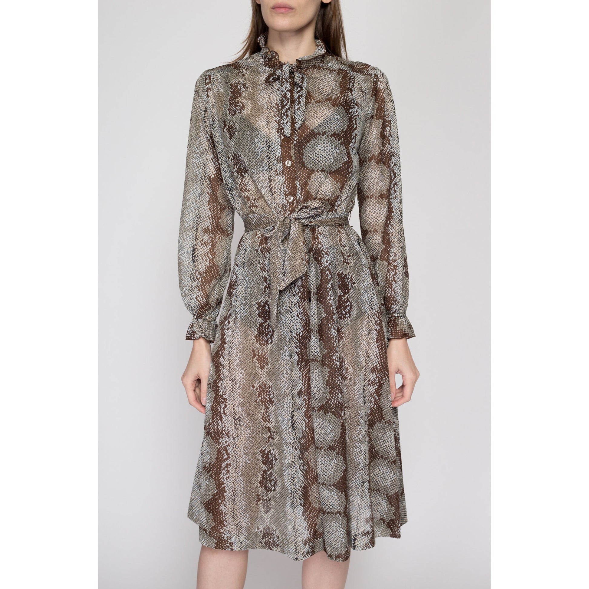 Small 70s Snakeskin Print Sheer Shirtdress | Vintage Long Bishop Sleeve Midi Secretary Dress
