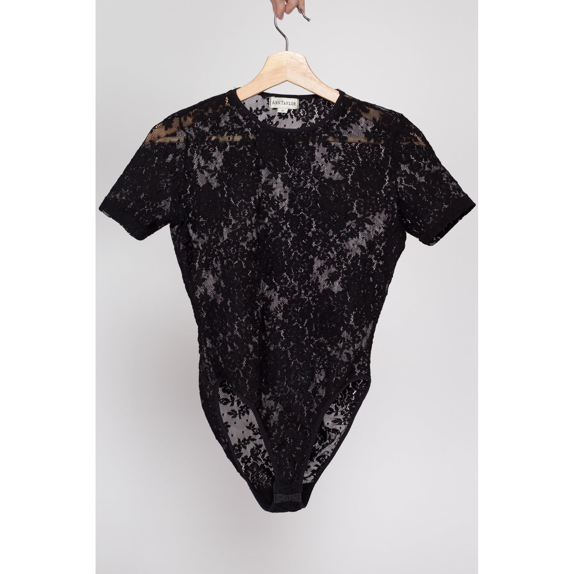 Small 90s Black Lace Bodysuit Top | Vintage Ann Taylor Sheer Short Sleeve One Piece