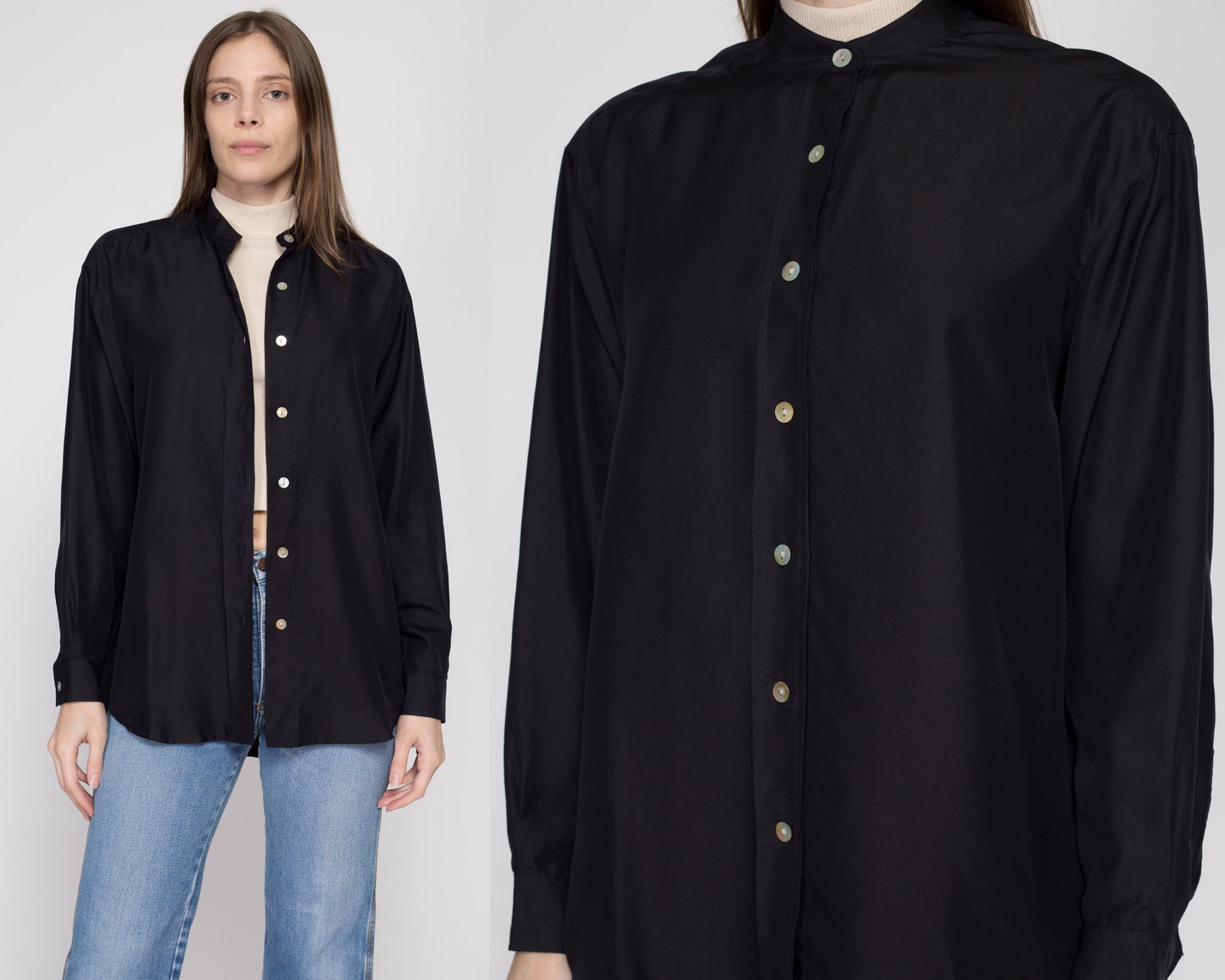 Small 90s Black Silk Collarless Blouse | Vintage Minimalist Long Sleeve Abalone Button Up Shirt