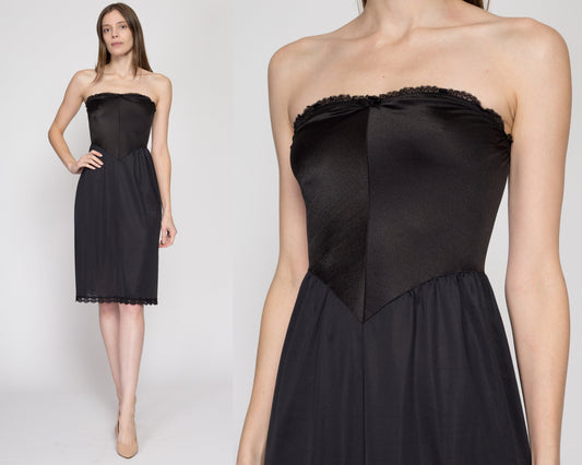 XS-Sm 70s Vanity Fair Black Strapless Slip | Vintage Lace Trim Lingerie Knee Length Dress