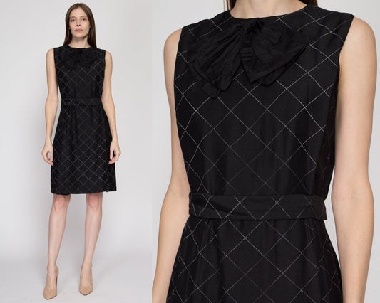 Small 60s Black & White Grid Print Mini Dress, As Is | Vintage Sleeveless A Line Belted Bow Dress