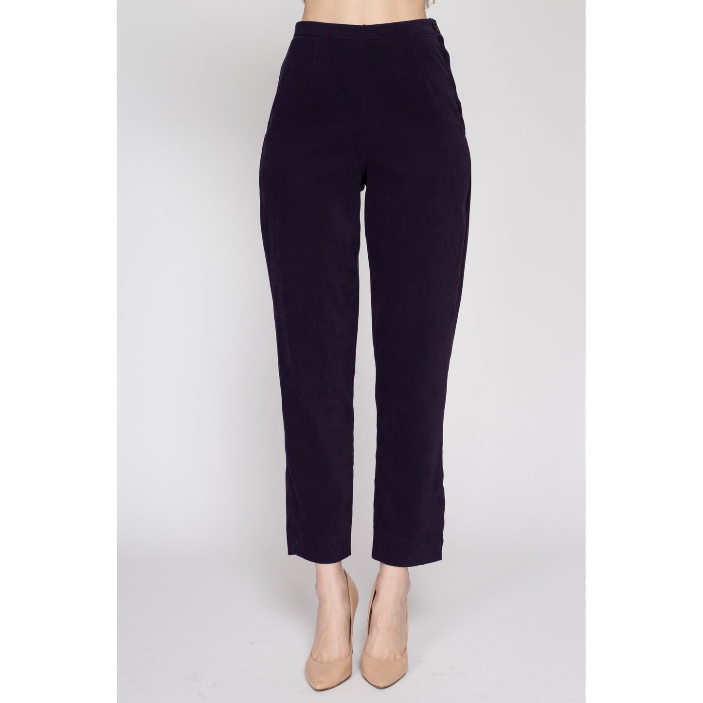 Small 90s Eggplant Purple High Waisted Trousers 26.5" | Vintage Minimalist Tapered Leg Stretchy Pants