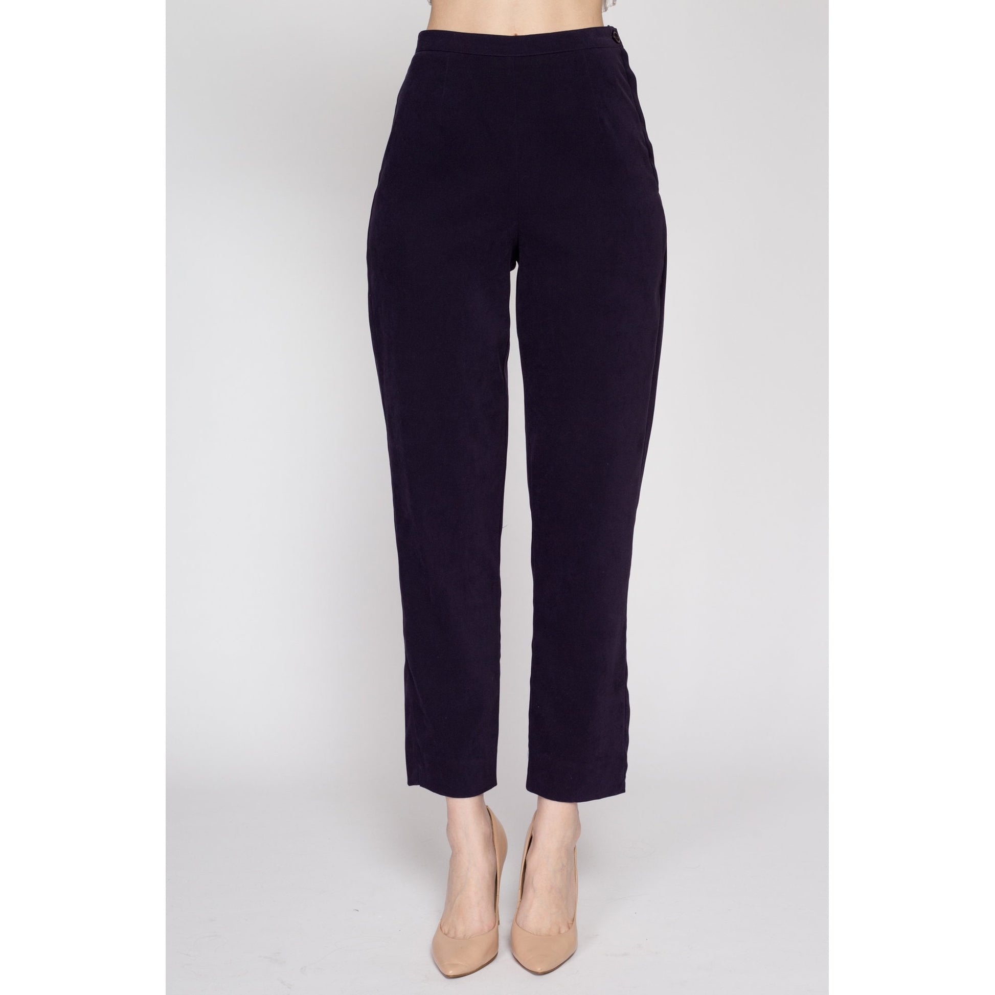 Small 90s Eggplant Purple High Waisted Trousers 26.5" | Vintage Minimalist Tapered Leg Stretchy Pants