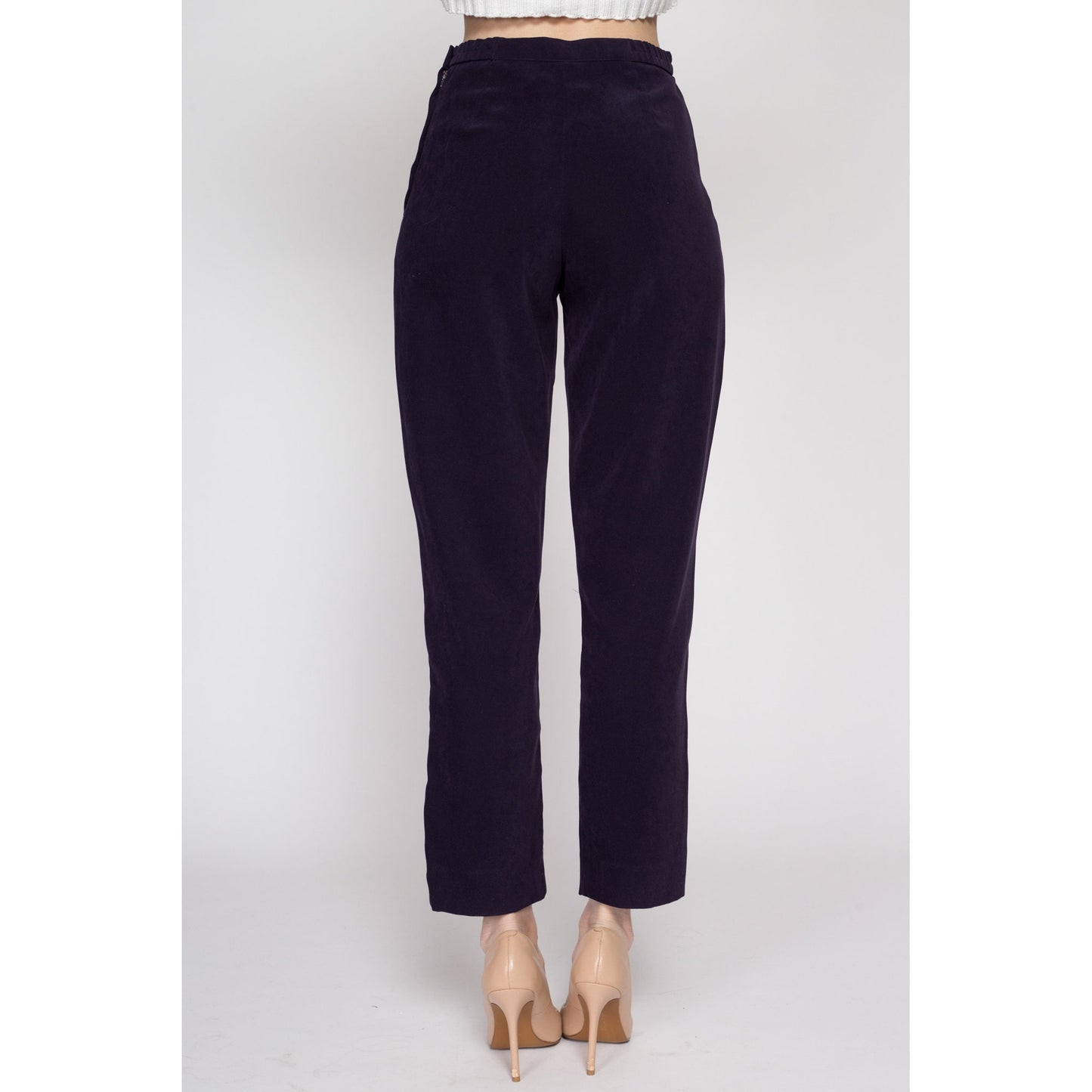 Small 90s Eggplant Purple High Waisted Trousers 26.5" | Vintage Minimalist Tapered Leg Stretchy Pants