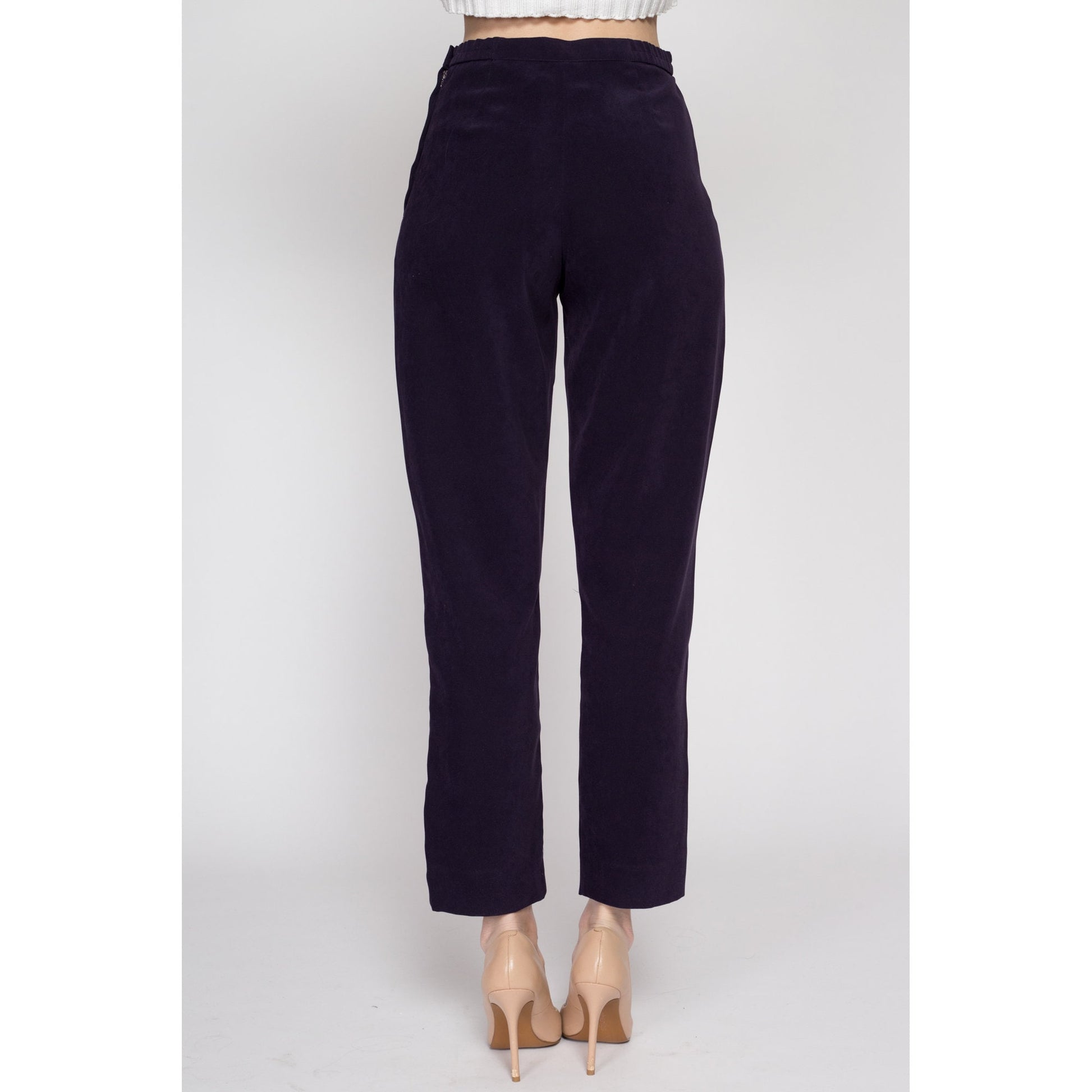 Small 90s Eggplant Purple High Waisted Trousers 26.5" | Vintage Minimalist Tapered Leg Stretchy Pants
