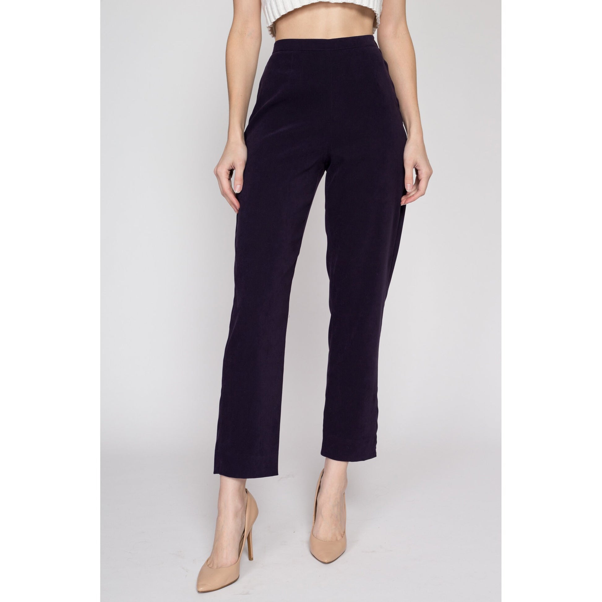 Small 90s Eggplant Purple High Waisted Trousers 26.5" | Vintage Minimalist Tapered Leg Stretchy Pants