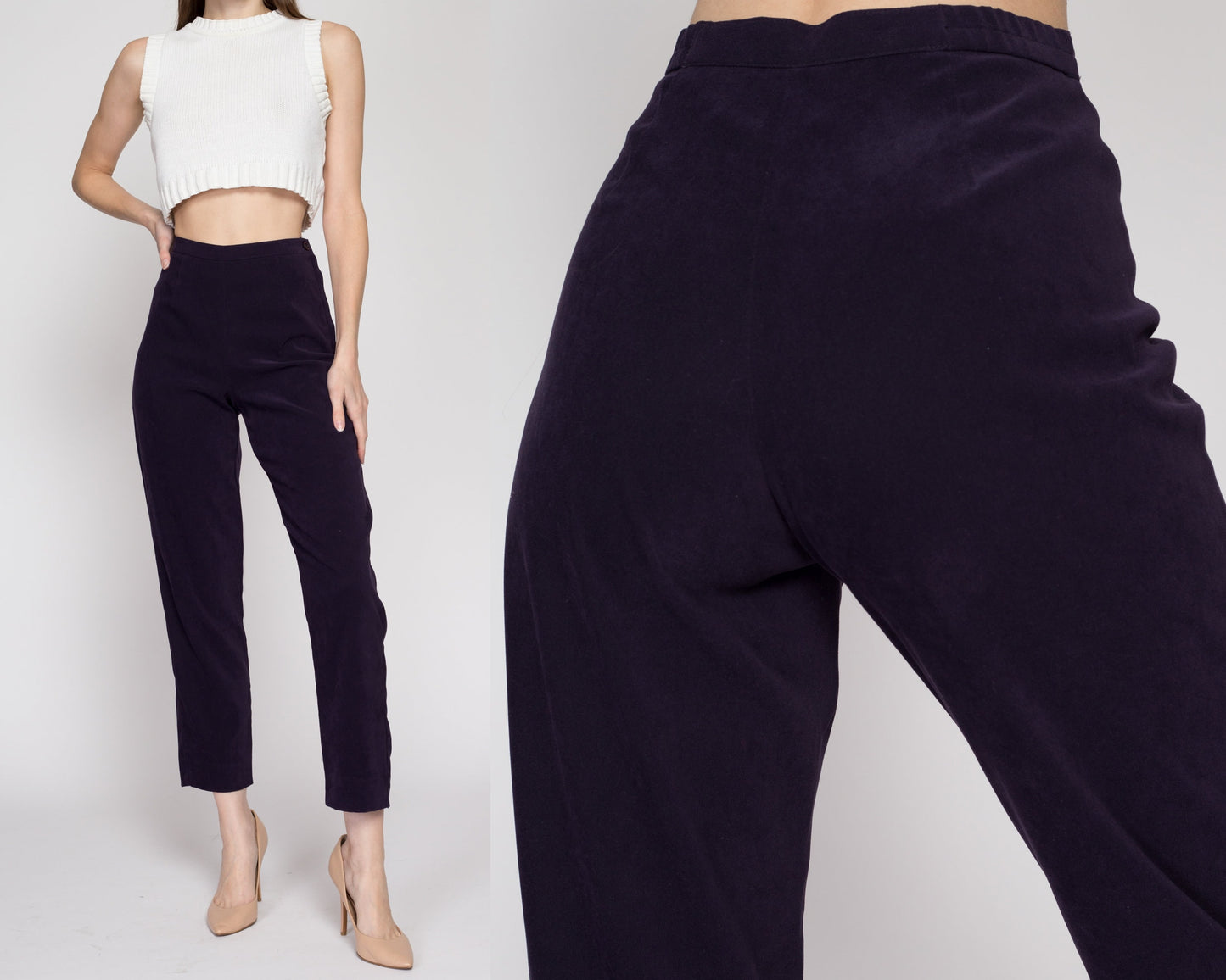 Small 90s Eggplant Purple High Waisted Trousers 26.5" | Vintage Minimalist Tapered Leg Stretchy Pants