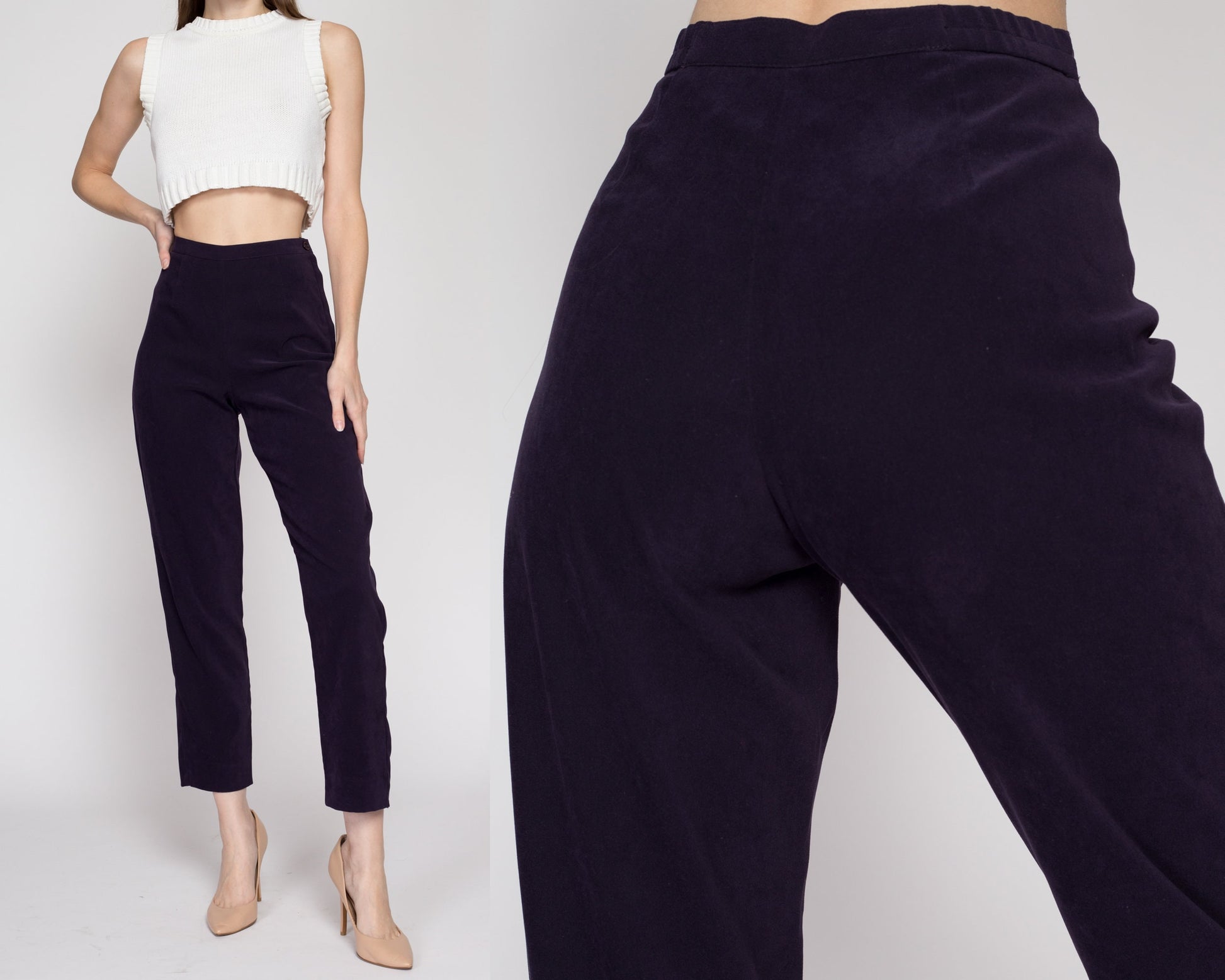 Small 90s Eggplant Purple High Waisted Trousers 26.5" | Vintage Minimalist Tapered Leg Stretchy Pants