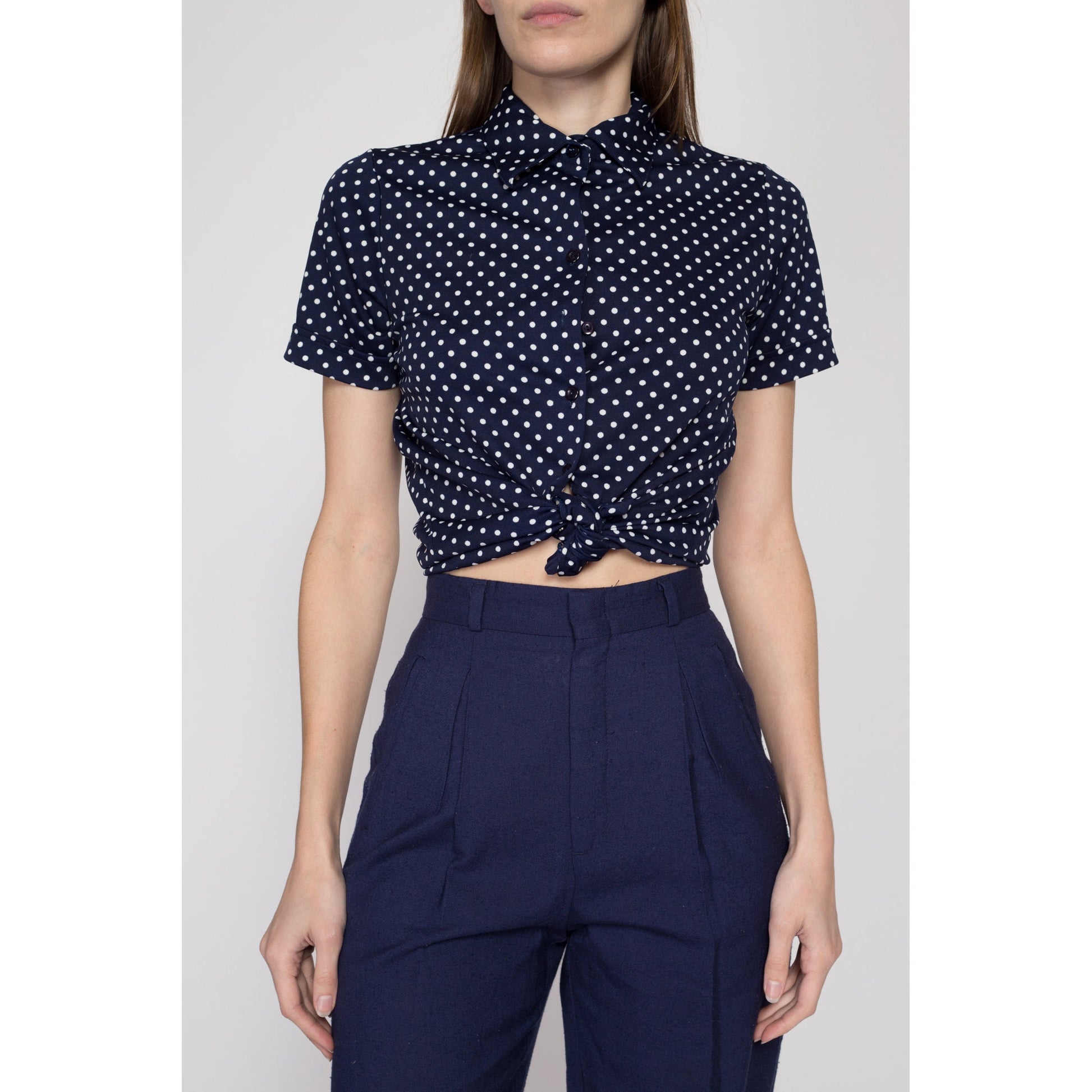 XS 70s Navy Polka Dot Button Up Top | Vintage Blue White Short Sleeve Collared Shirt