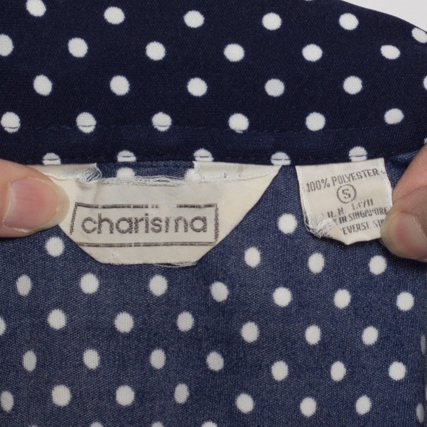 XS 70s Navy Polka Dot Button Up Top | Vintage Blue White Short Sleeve Collared Shirt