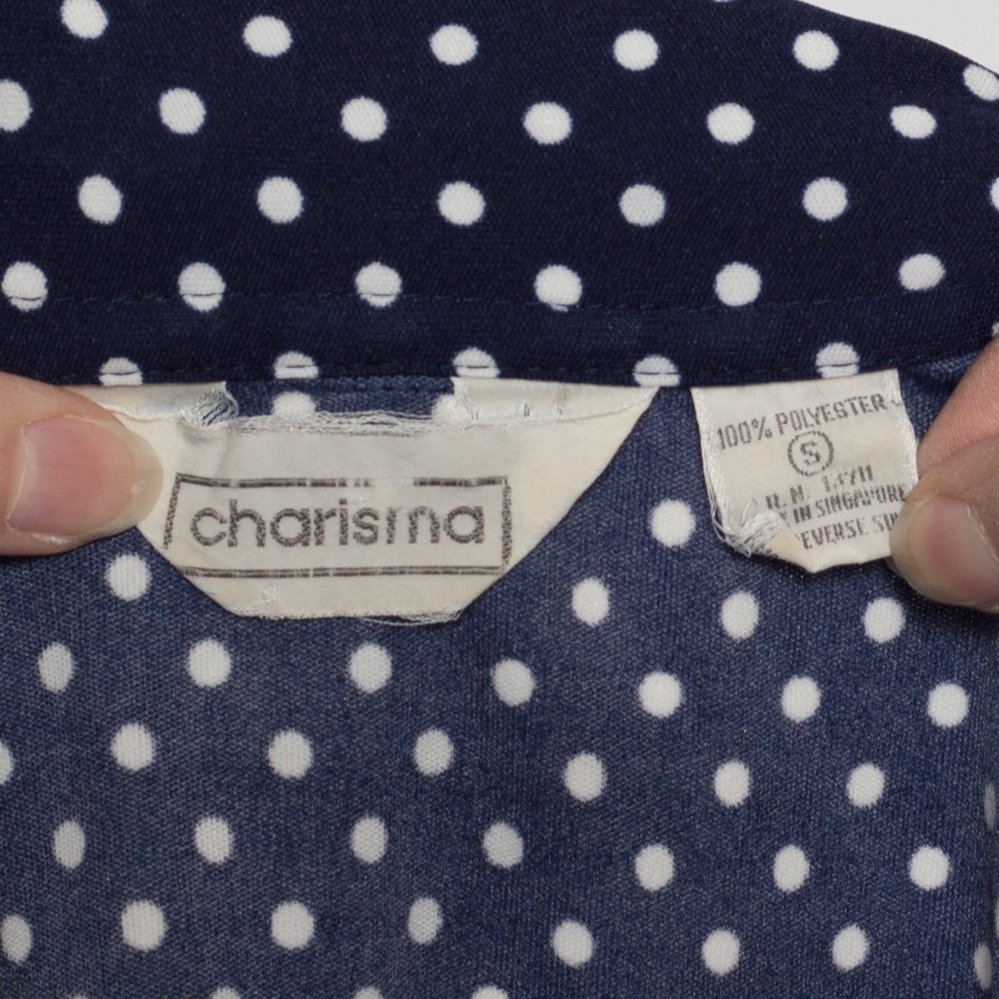 XS 70s Navy Polka Dot Button Up Top | Vintage Blue White Short Sleeve Collared Shirt